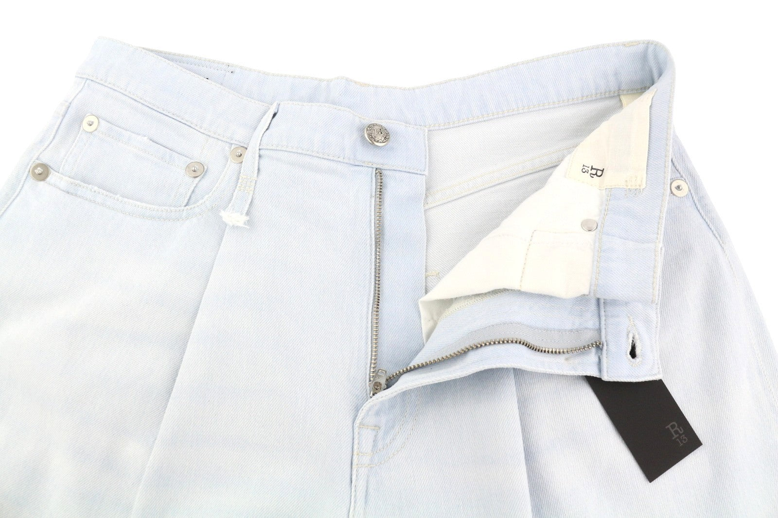 R13 Damon Pleated Blue Women Jeans 27 Faded Blue Stretch Wide Leg SS25 RRP860