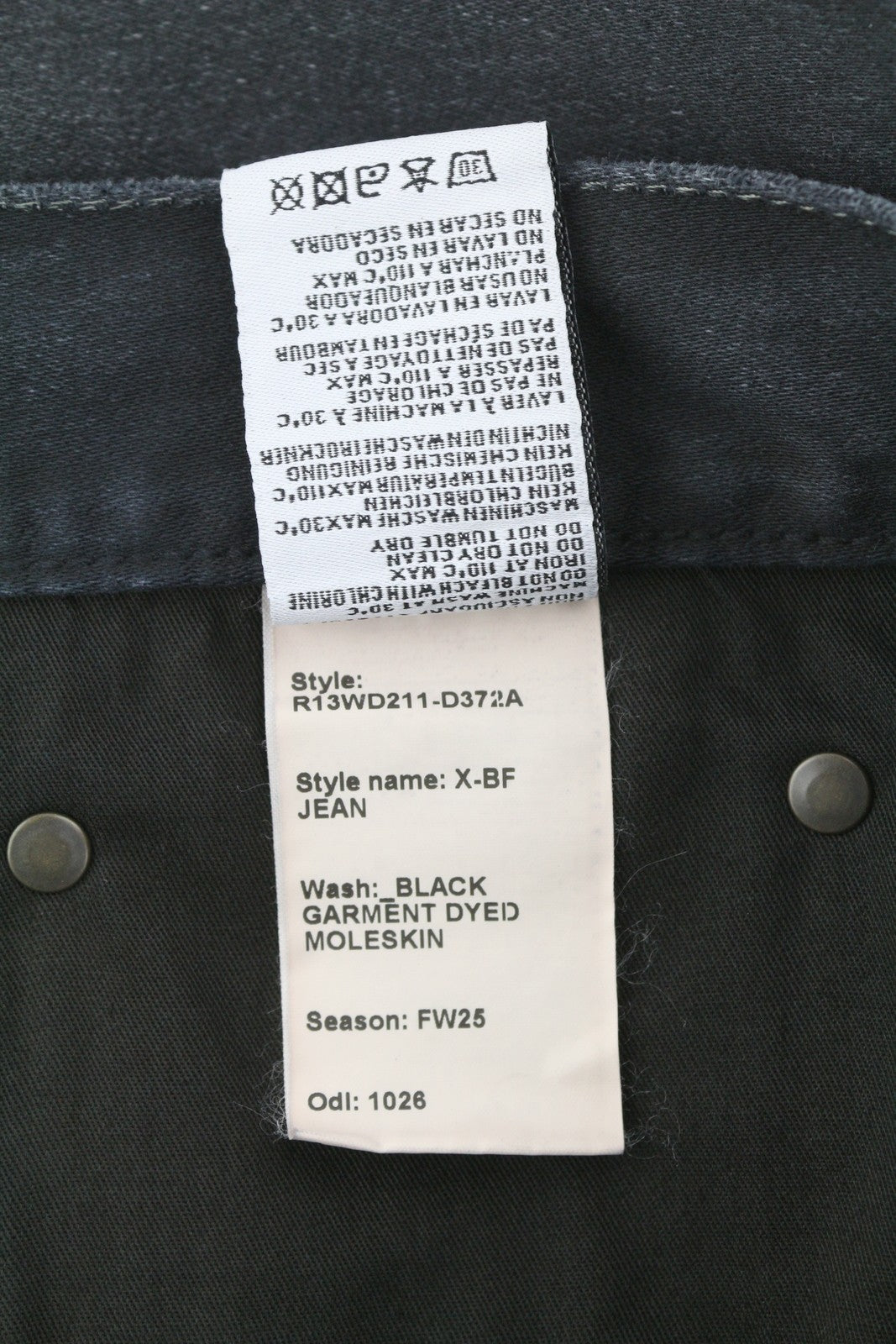 R13 X-BF Women Jeans 30 Black Garment Dyed Moleskin Faded Cropped Ankle FW25