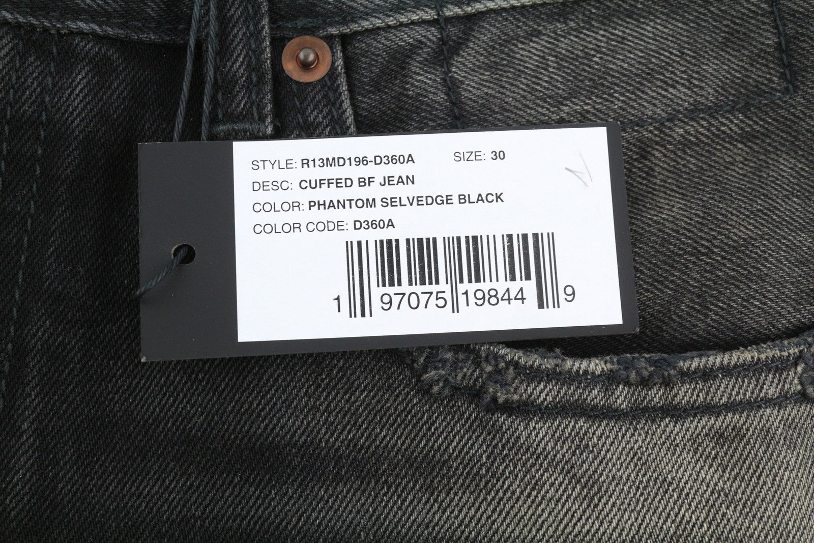 R13 Cuffed Boyfriend Men Jeans 30 Phantom Selvedge Black Limited Edition FW25