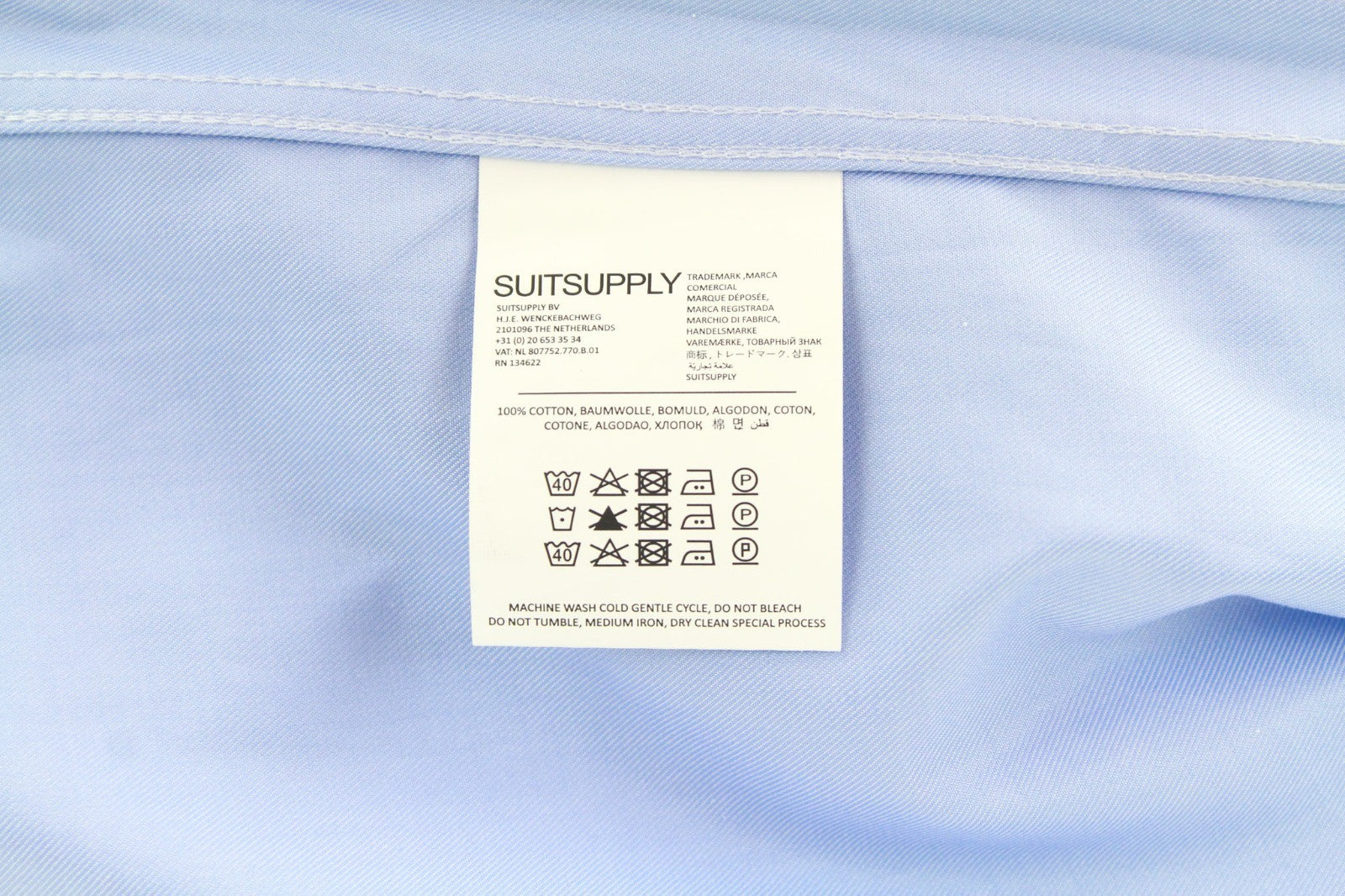 SUITSUPPLY Men's Formal Shirt 38L Light Blue Slim Fit Pure Cotton Twill Formal