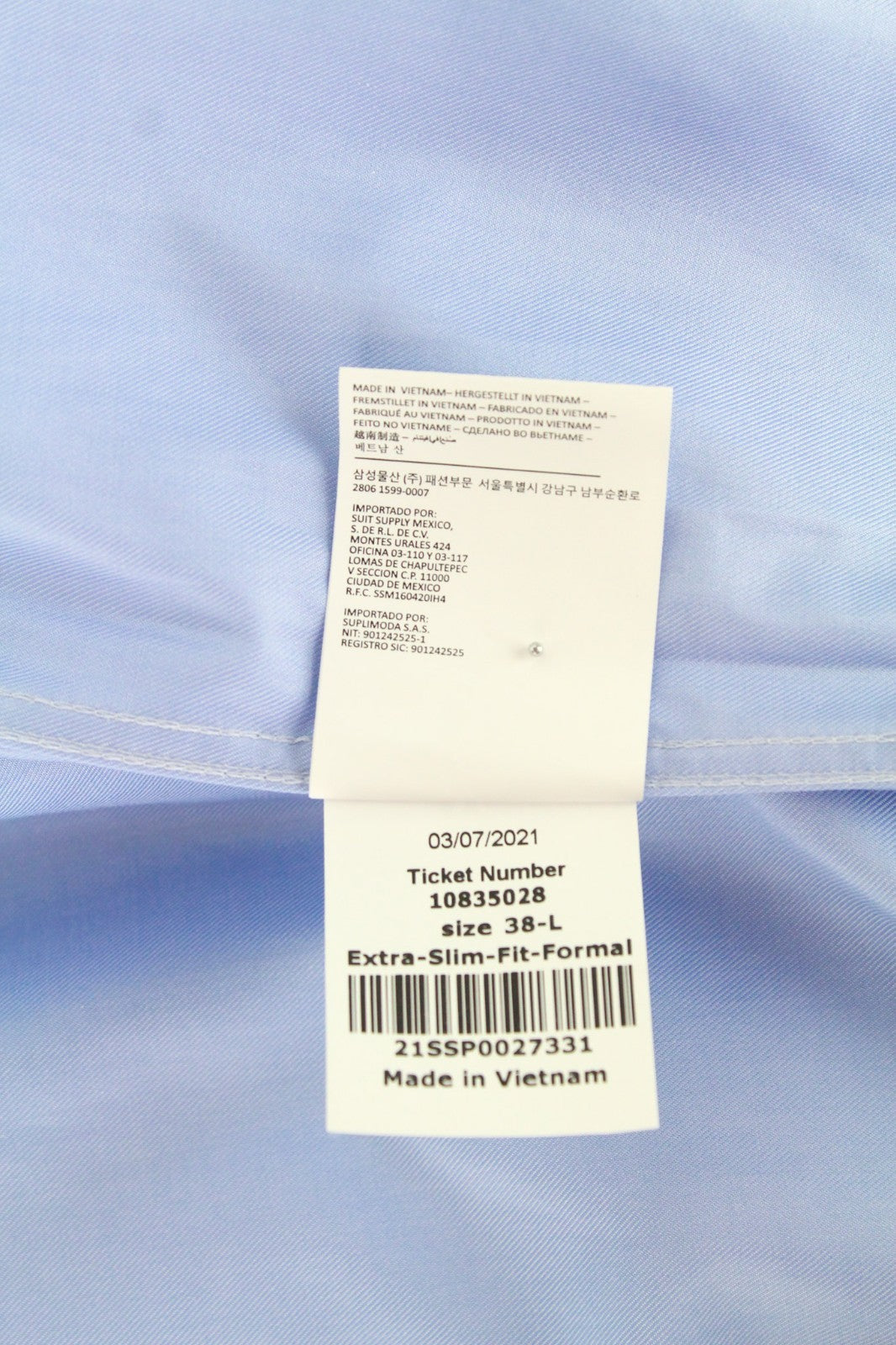 SUITSUPPLY Men's Formal Shirt 38L Light Blue Slim Fit Pure Cotton Twill Formal