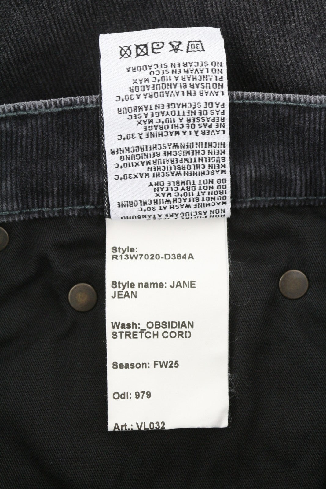 R13 Jane Women Trousers 24 Obsidian Stretch Cord Bootcut Leg Zip FW25 RRP699