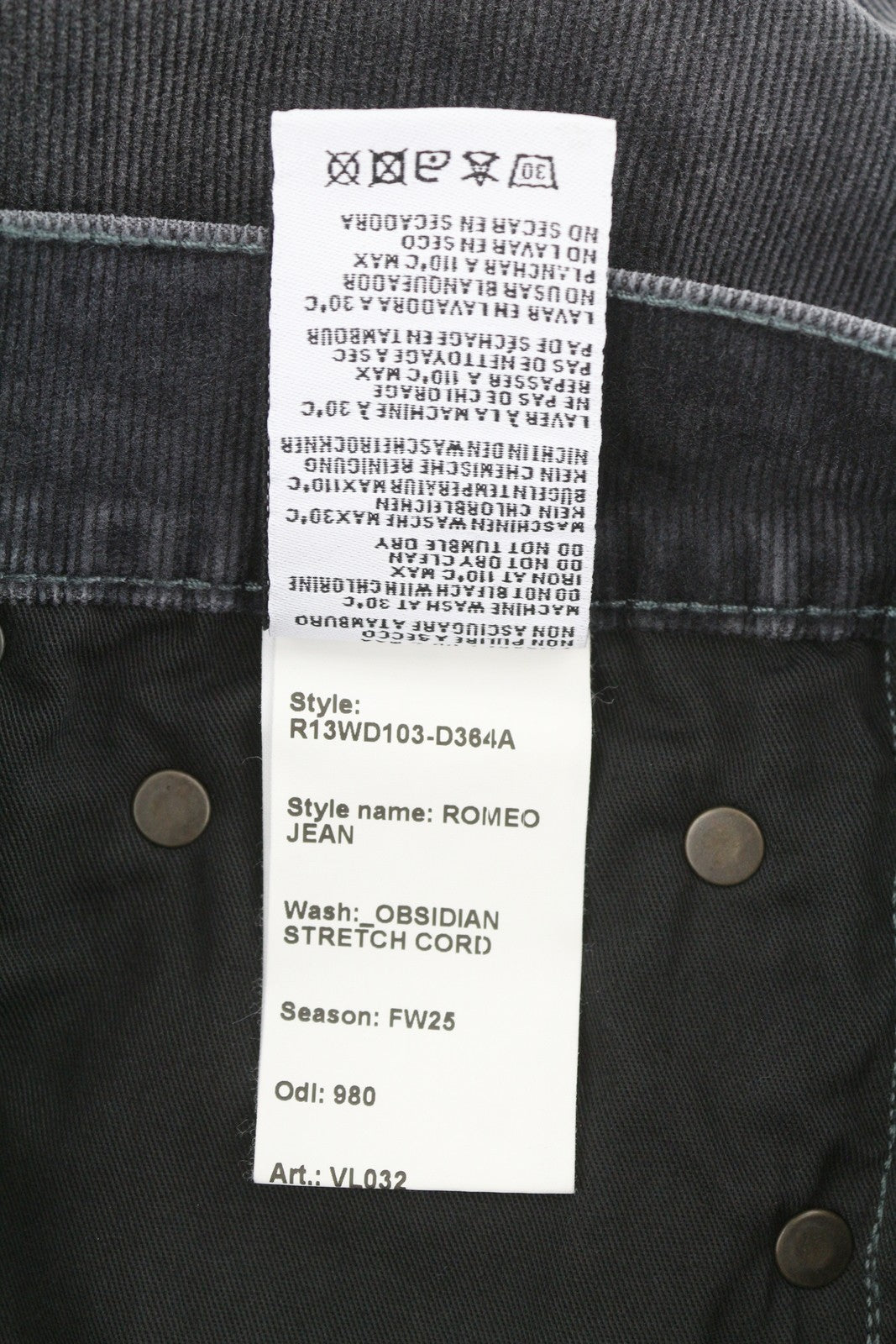 R13 Romeo Women Trousers 24 Obsidian Stretch Cord Straight Fit Zip FW25 RRP599