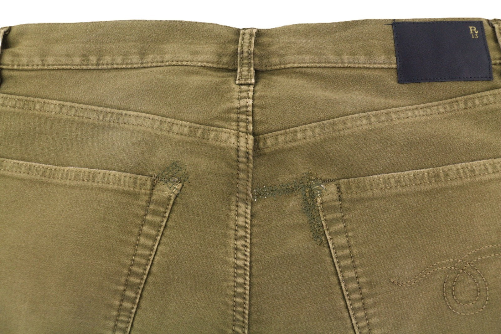 R13 Boyfriend Women Trousers 29 Olive Garment Dyed Moleskin Ankle Faded Zip FW25