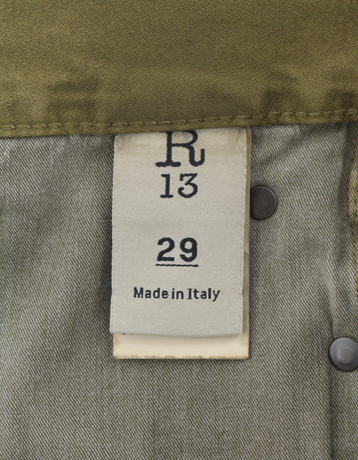 R13 Boyfriend Women Trousers 29 Olive Garment Dyed Moleskin Ankle Faded Zip FW25