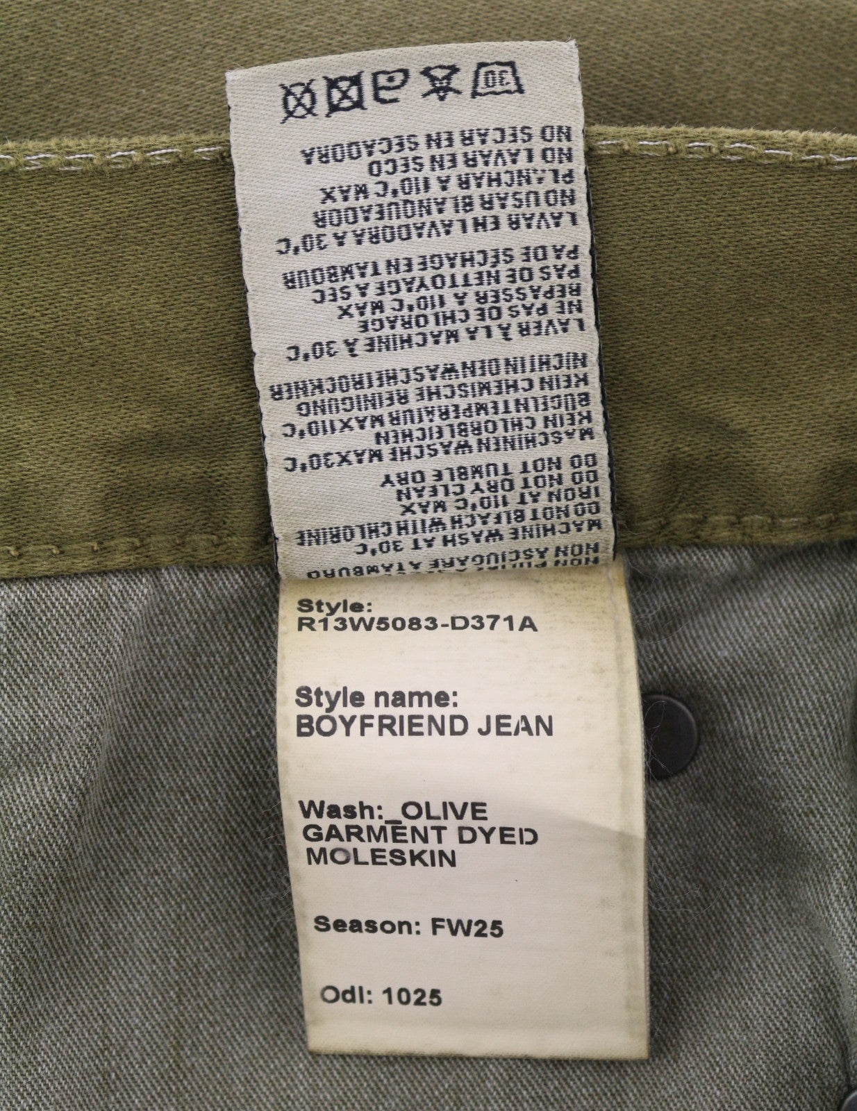 R13 Boyfriend Women Trousers 29 Olive Garment Dyed Moleskin Ankle Faded Zip FW25