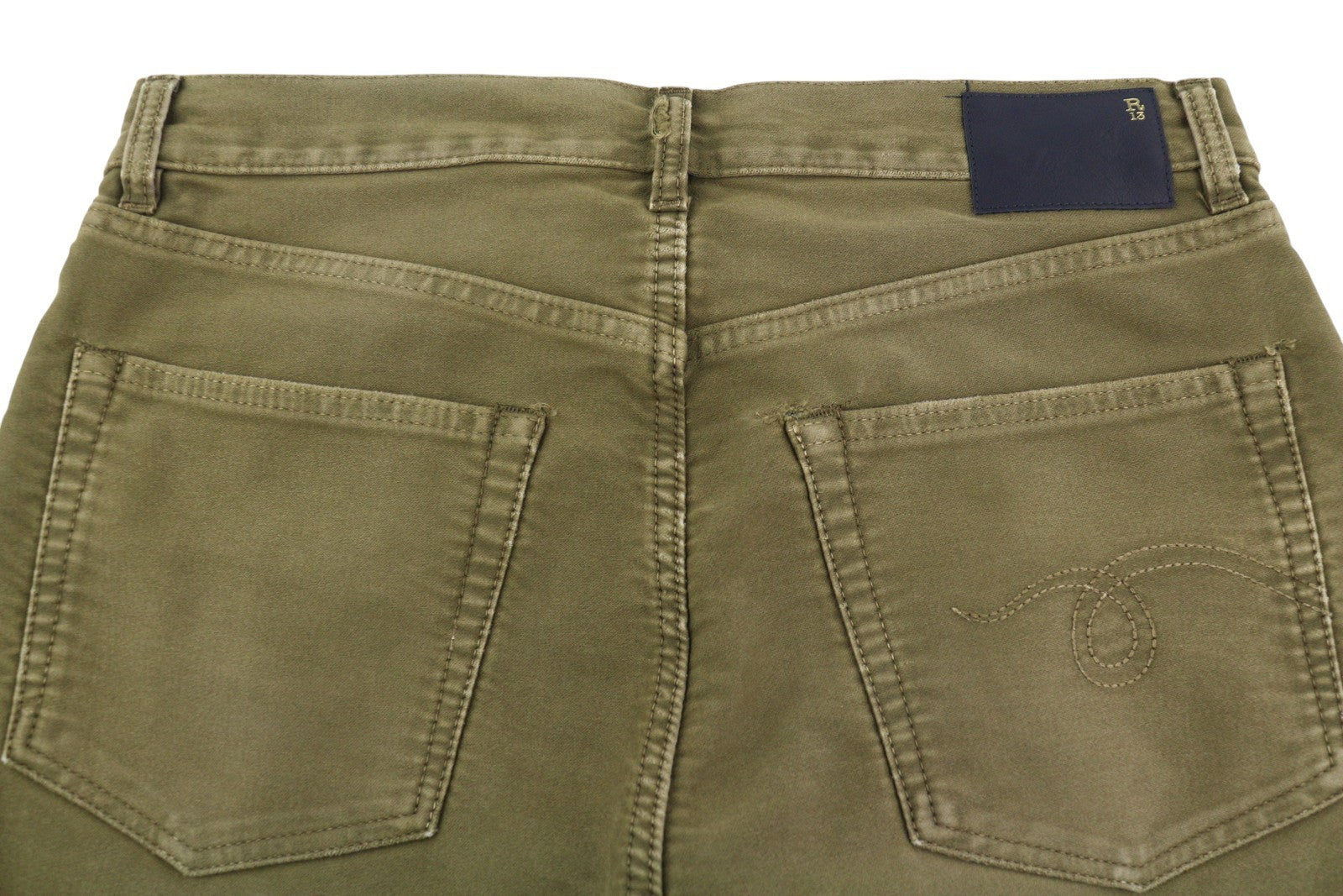 R13 Boyfriend Women Trousers 27 Olive Garment Dyed Moleskin Ankle Faded Zip FW25