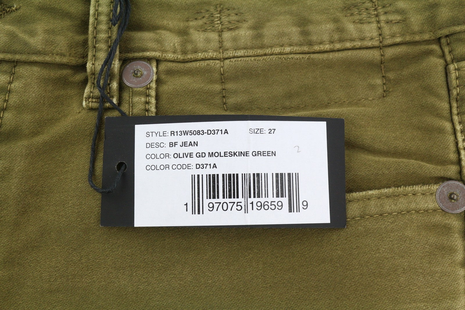 R13 Boyfriend Women Trousers 27 Olive Garment Dyed Moleskin Ankle Faded Zip FW25