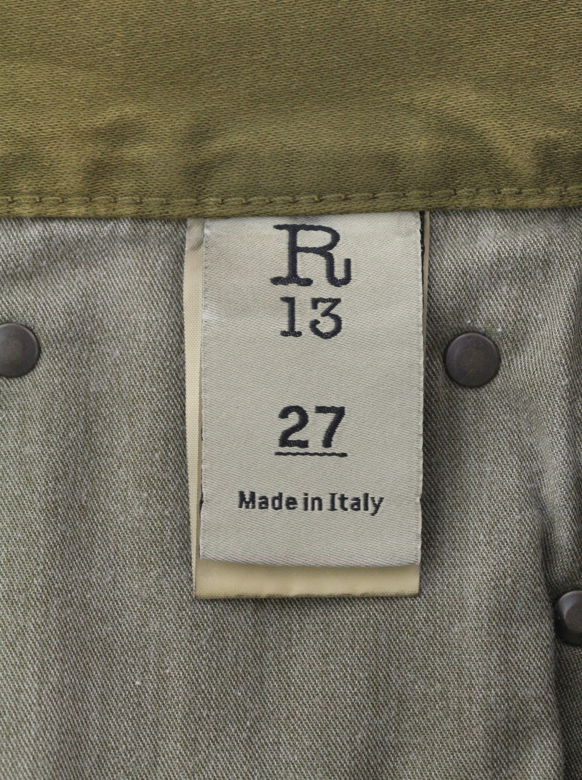 R13 Boyfriend Women Trousers 27 Olive Garment Dyed Moleskin Ankle Faded Zip FW25