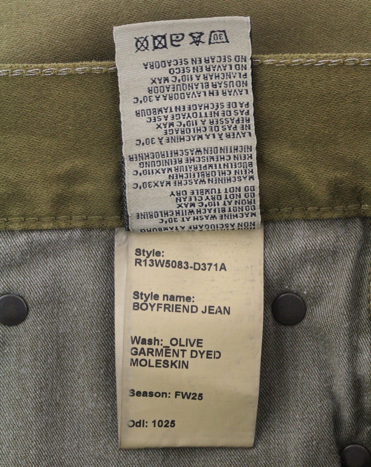 R13 Boyfriend Women Trousers 27 Olive Garment Dyed Moleskin Ankle Faded Zip FW25