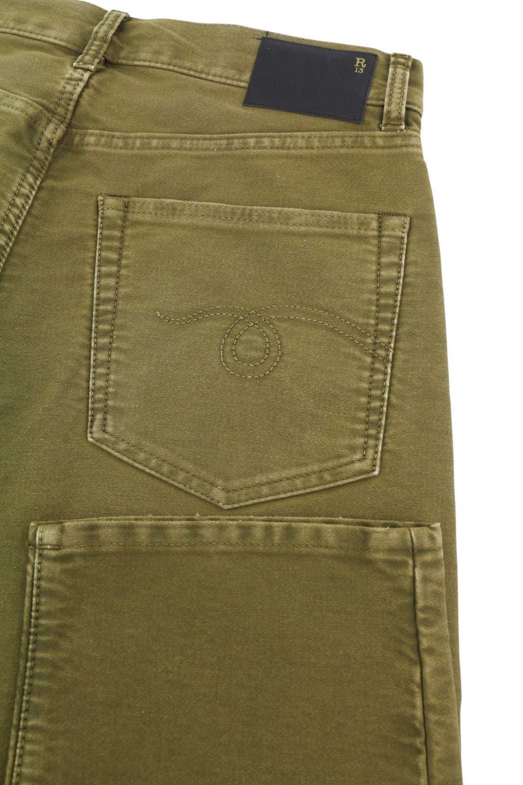 R13 Boyfriend Women Trousers 26 Olive Garment Dyed Moleskin Ankle Faded FW25