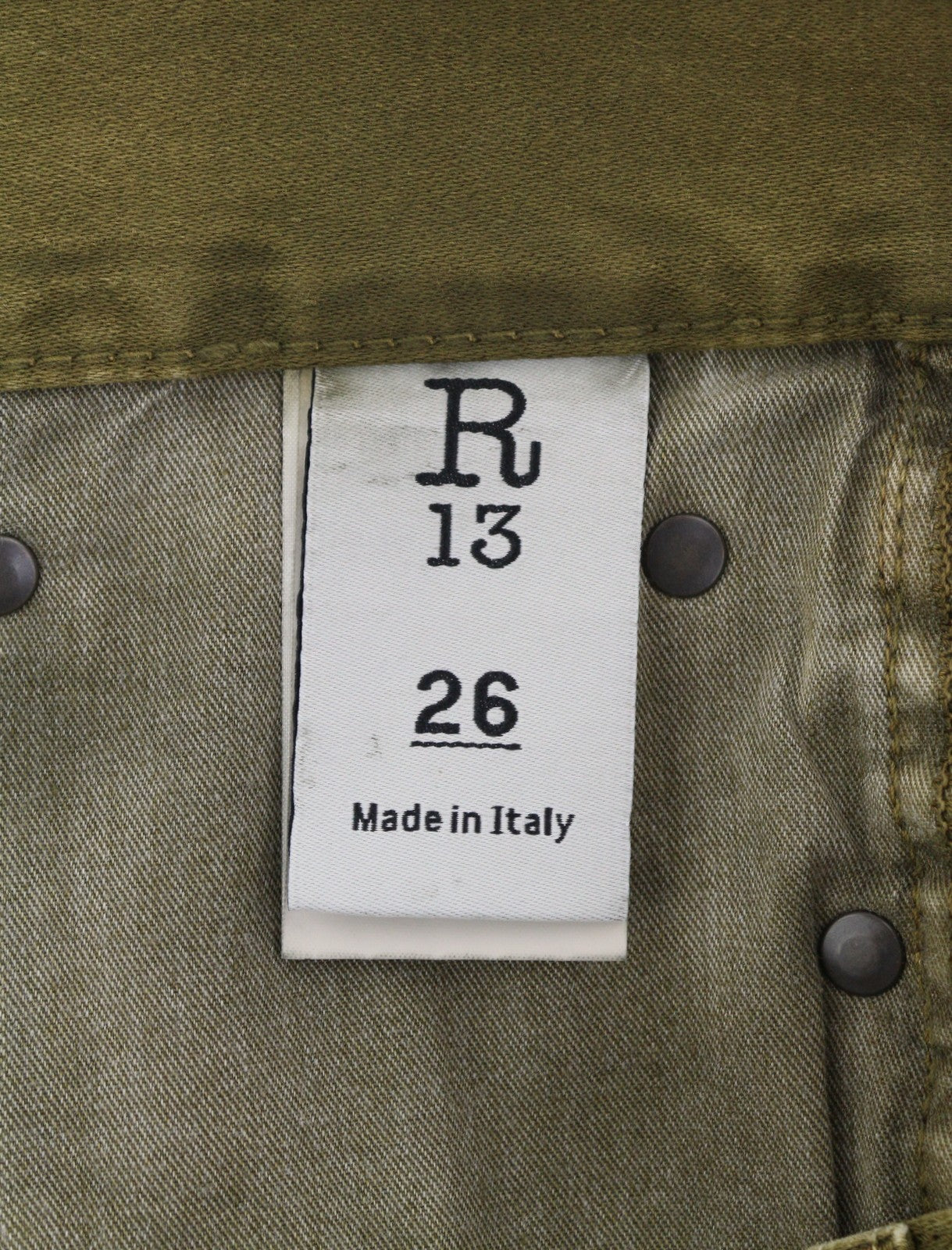 R13 Boyfriend Women Trousers 26 Olive Garment Dyed Moleskin Ankle Faded FW25