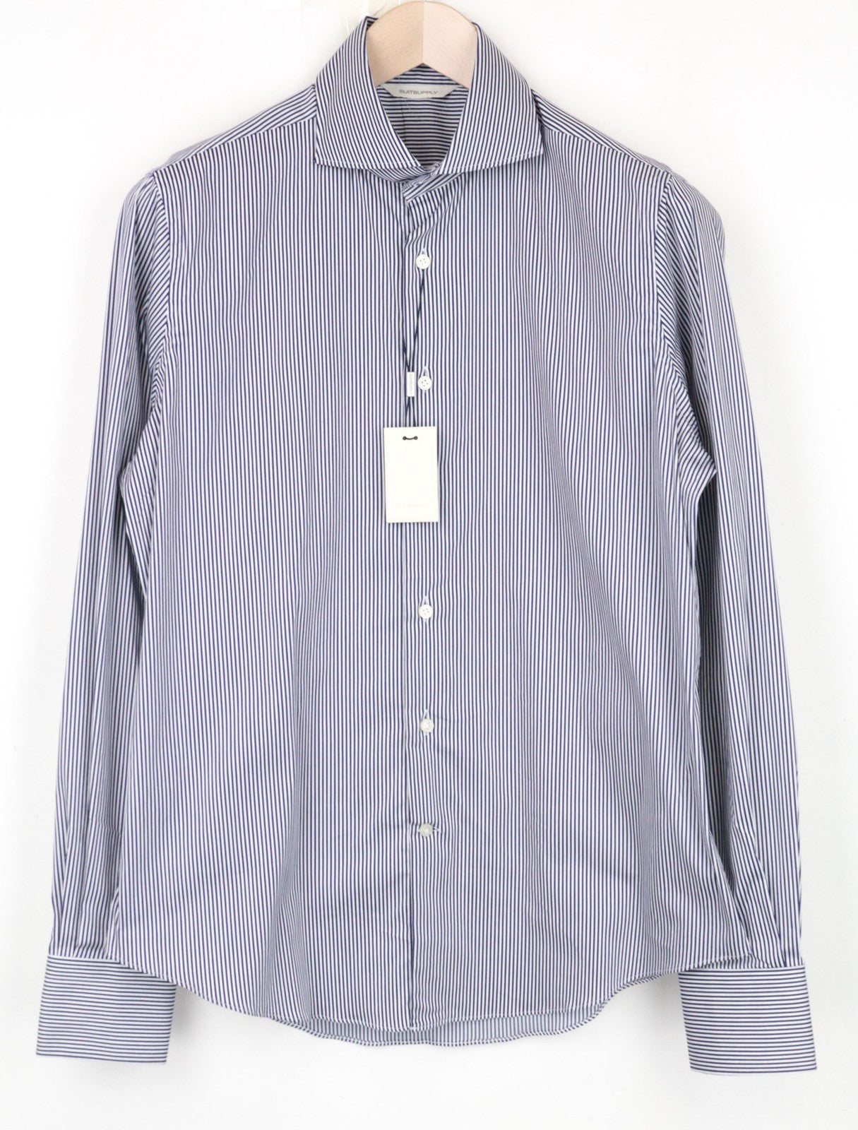 SUITSUPPLY Men's Formal Shirt ~S Blue Striped Cotton Slim Stretch Cutaway Fit