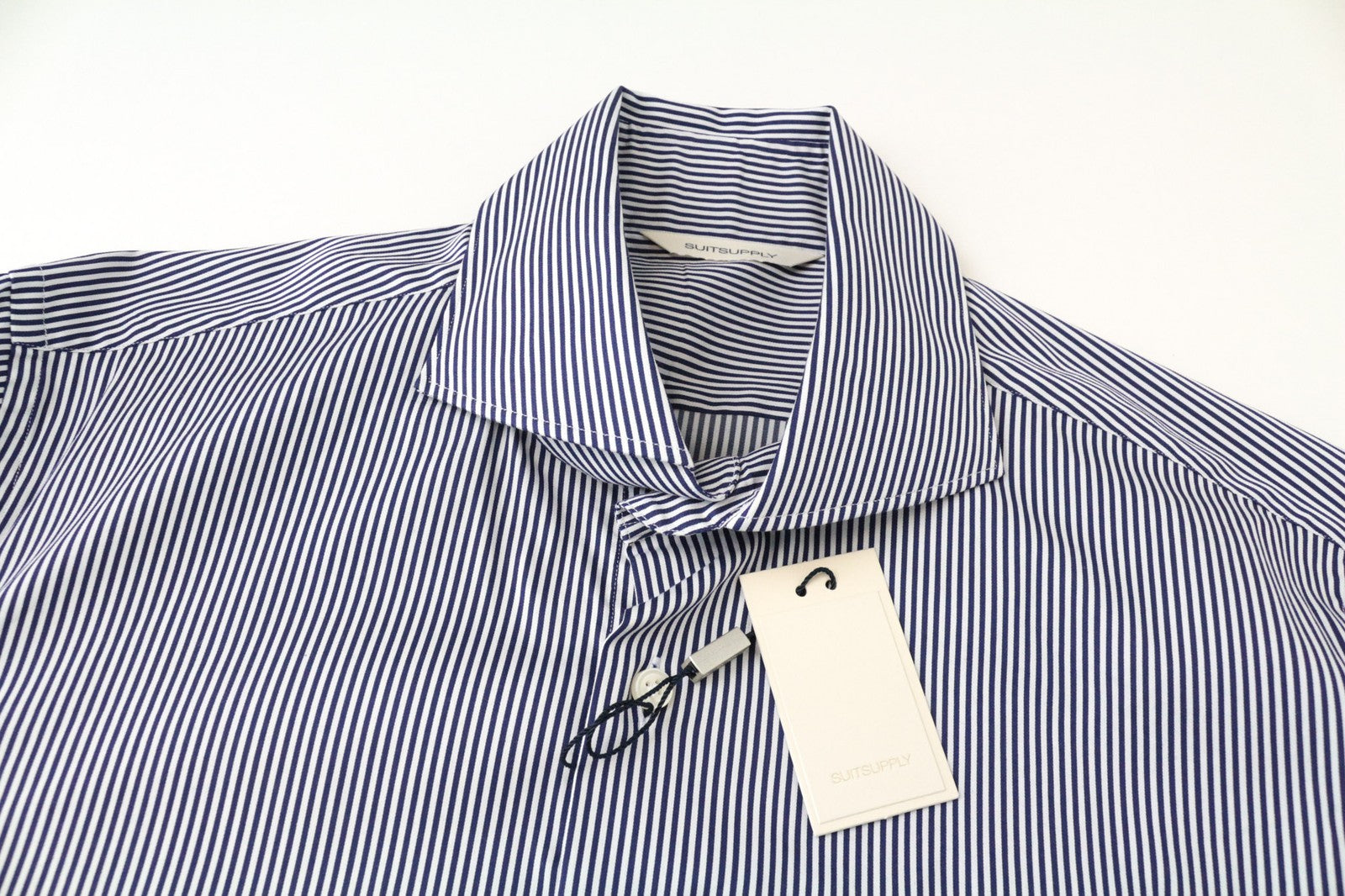 SUITSUPPLY Men's Formal Shirt ~S Blue Striped Cotton Slim Stretch Cutaway Fit