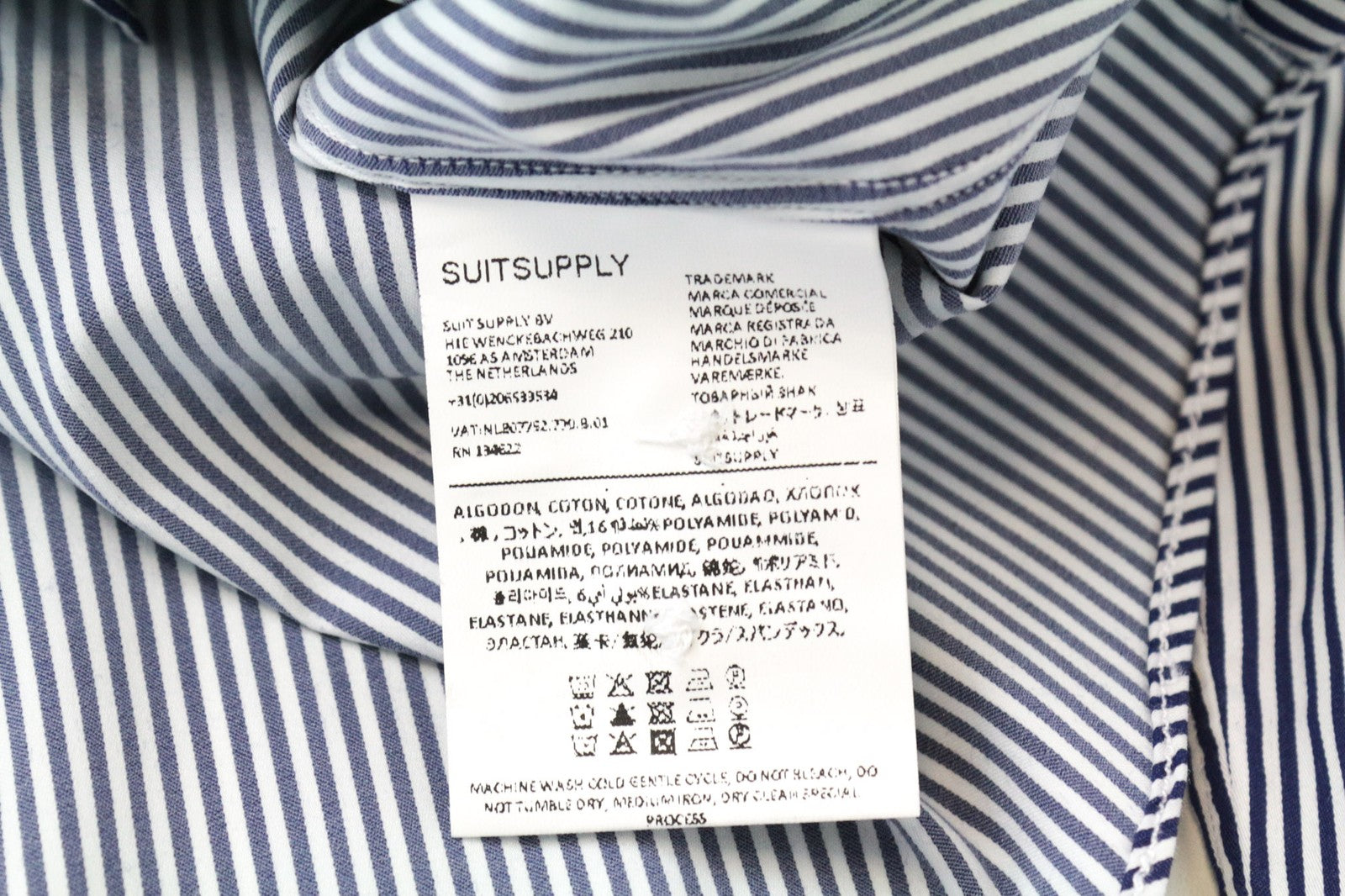 SUITSUPPLY Men's Formal Shirt ~S Blue Striped Cotton Slim Stretch Cutaway Fit