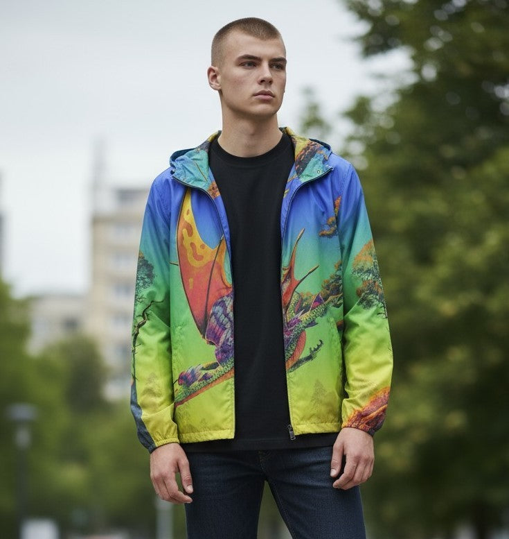 VALENTINO Men Jacket 48 Dragon Print Mesh Lined Hooded Zip Lightweight RRP1800