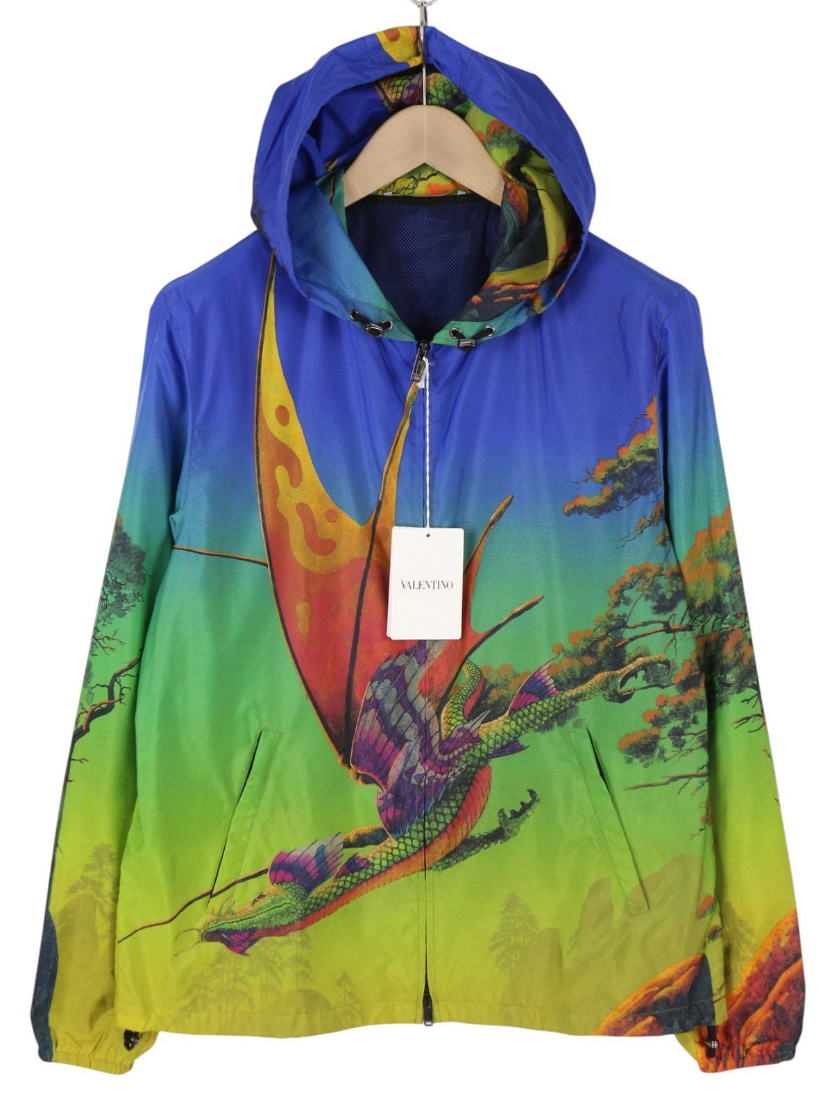 VALENTINO Men Jacket 48 Dragon Print Mesh Lined Hooded Zip Lightweight RRP1800