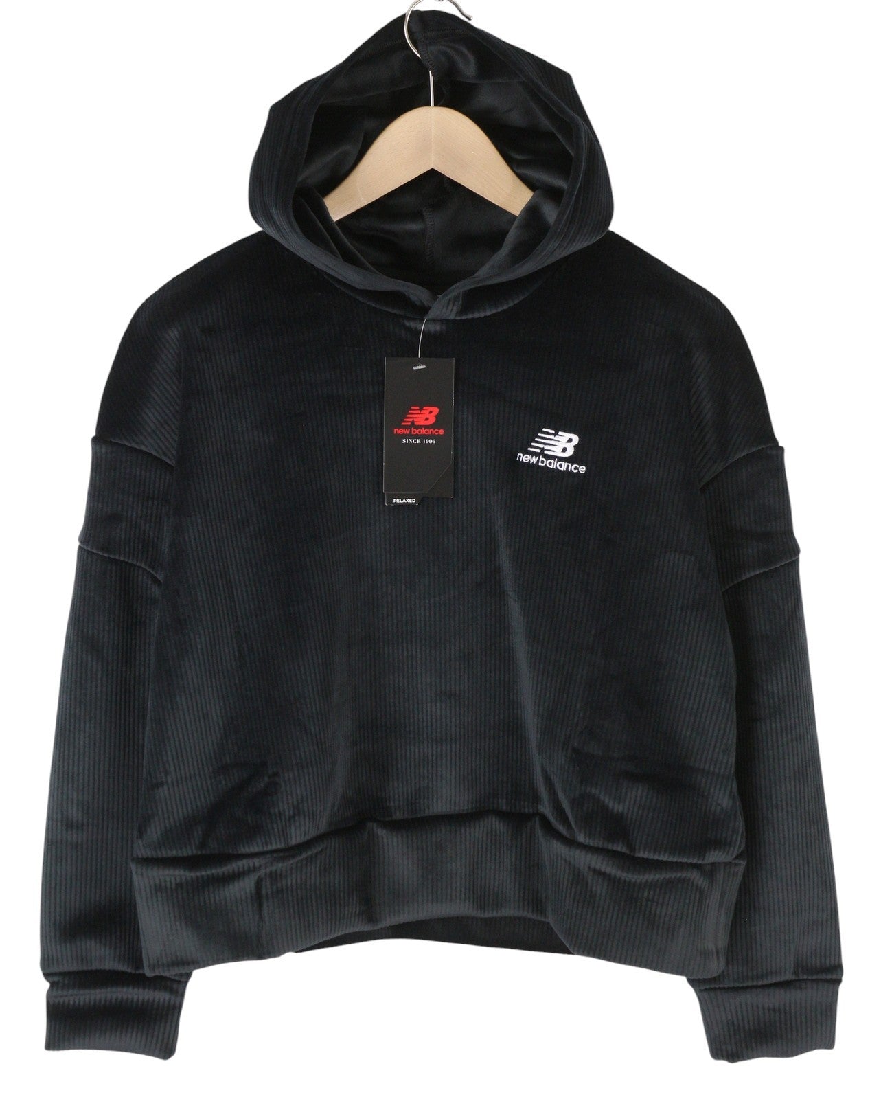 NEW BALANCE Women Hoodie S Black Soft Corduroy Oversized Loose Fit Pullover