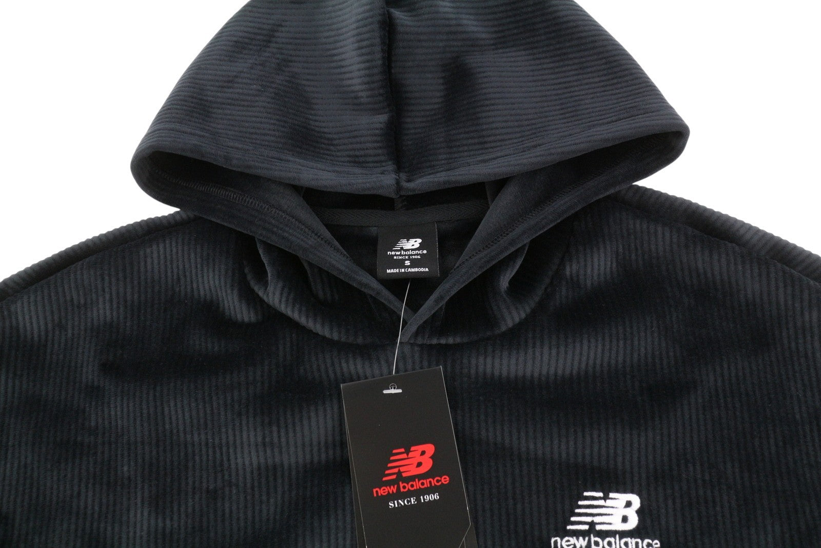 NEW BALANCE Women Hoodie S Black Soft Corduroy Oversized Loose Fit Pullover