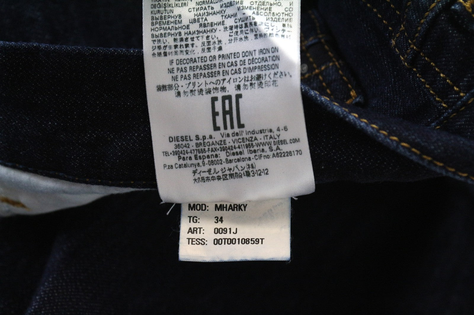 DIESEL Mharky 0091J Men's Jeans W34 Slim Fit Pure Cotton Dark Blue Five Pocket