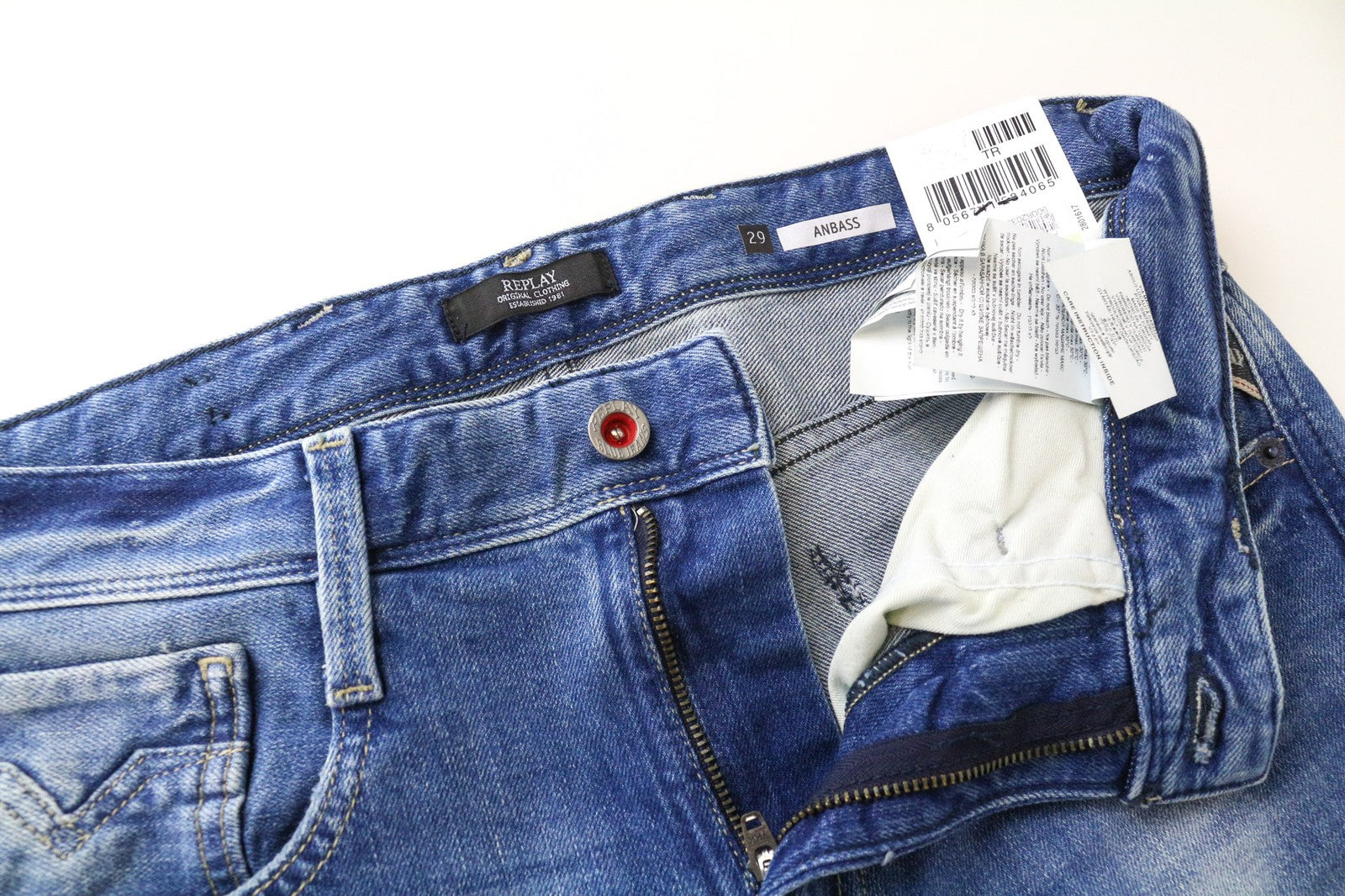 REPLAY Anbass Men's Jeans W29/L32 Slim Fit Washed Blue Stretch Cotton Denim