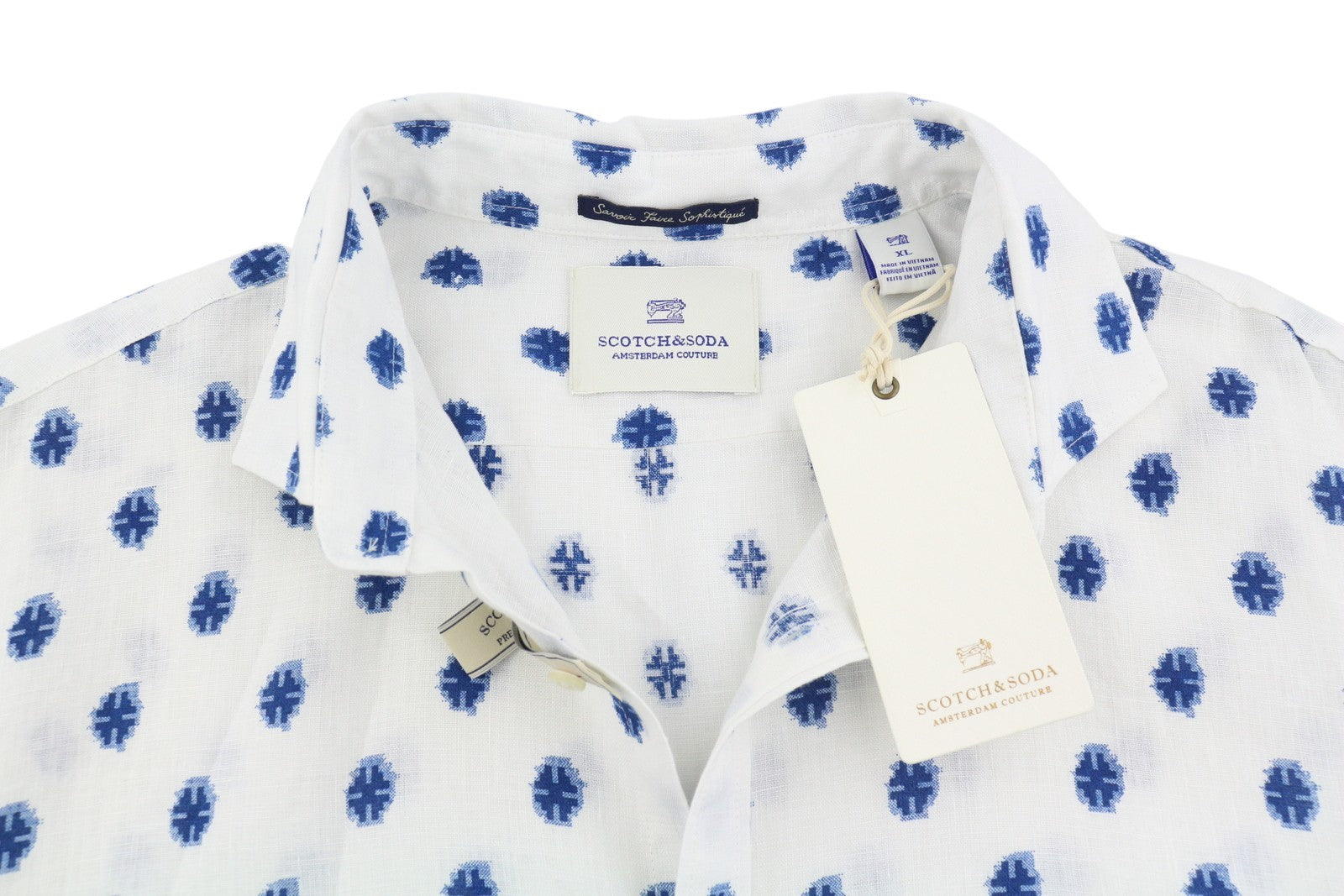 SCOTCH & SODA Men Shirt XL White Patterned Linen Cutaway Button-Up Logo Casual