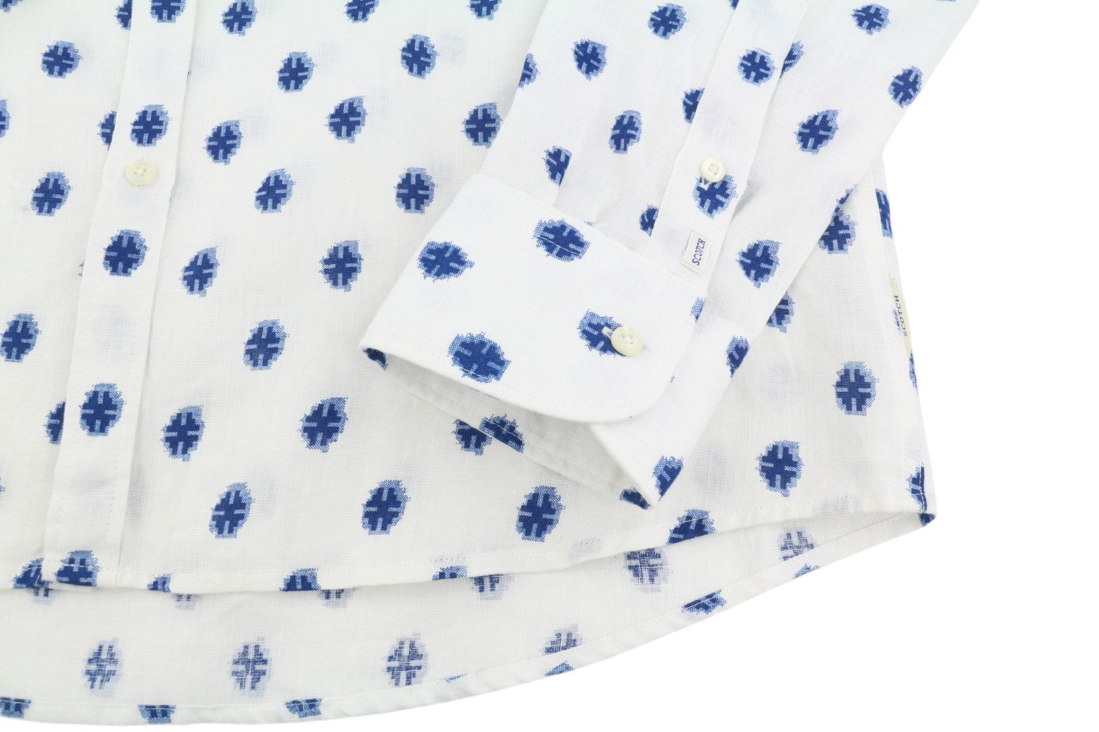 SCOTCH & SODA Men Shirt XL White Patterned Linen Cutaway Button-Up Logo Casual