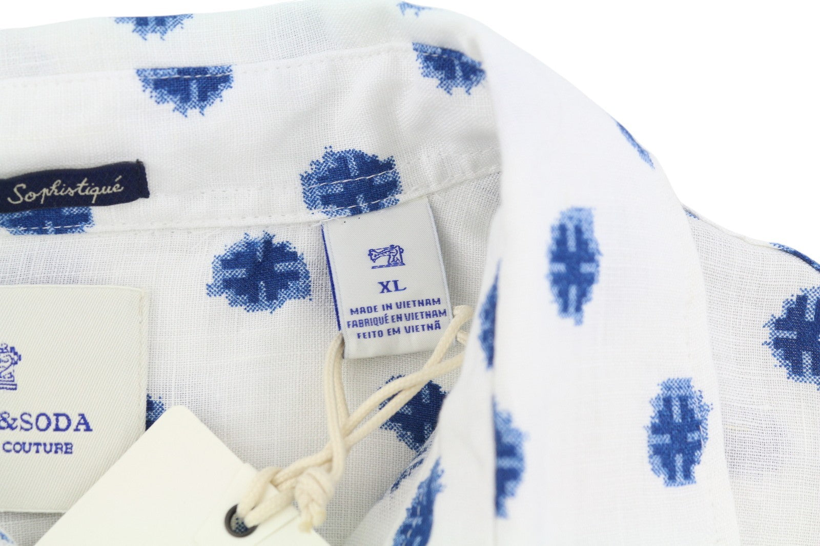 SCOTCH & SODA Men Shirt XL White Patterned Linen Cutaway Button-Up Logo Casual