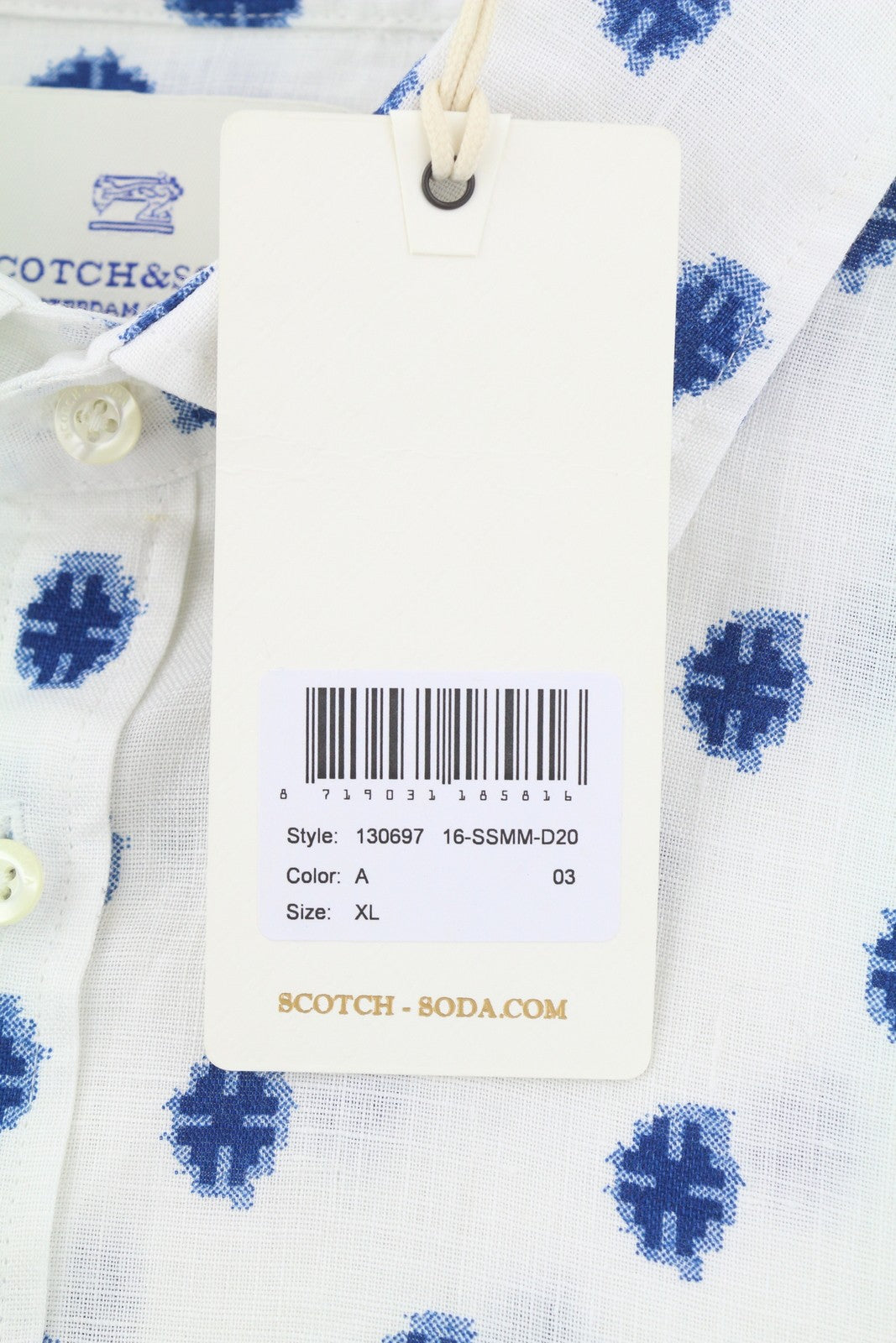 SCOTCH & SODA Men Shirt XL White Patterned Linen Cutaway Button-Up Logo Casual