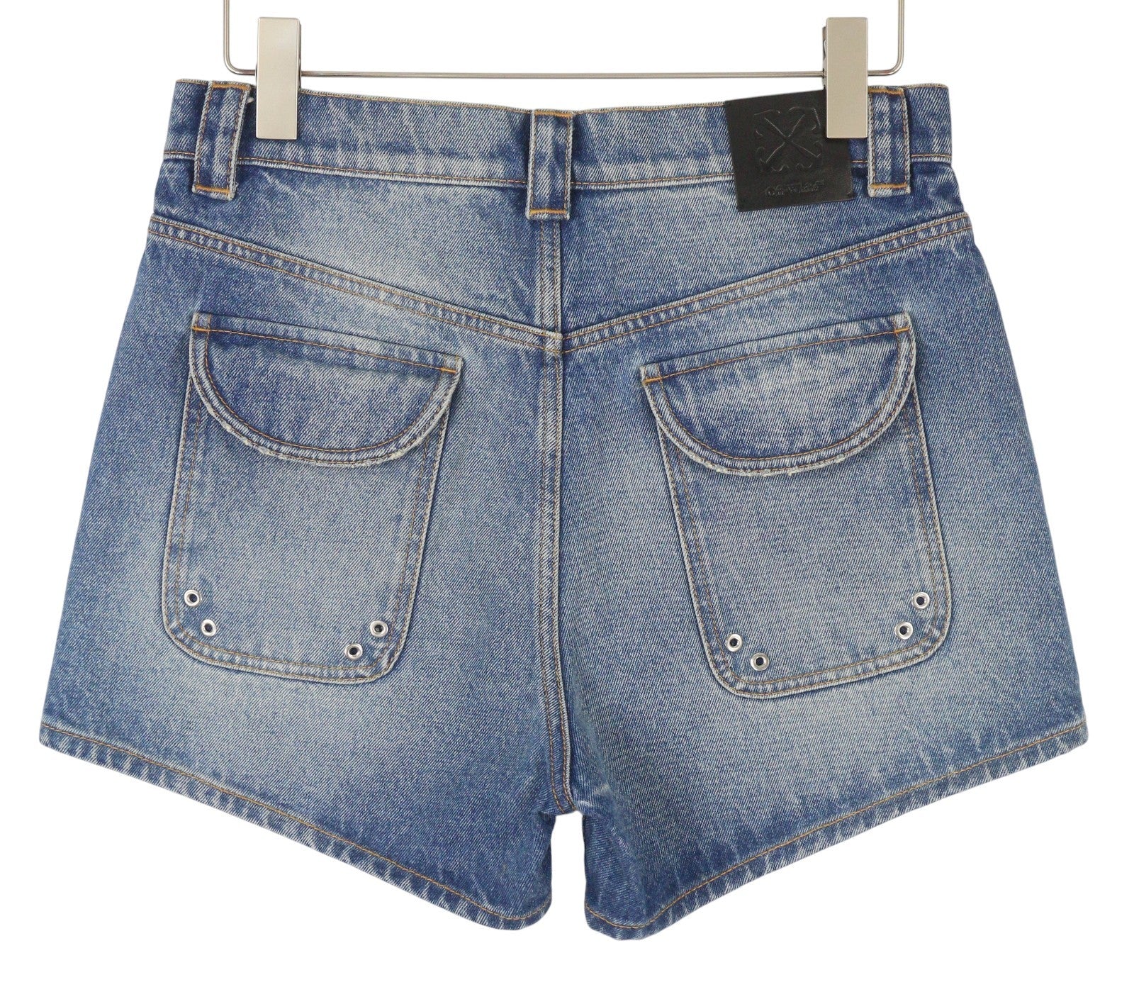 OFF-WHITE Cargo Women Shorts W26 Denim Blue Faded Distress Button Fly Pockets