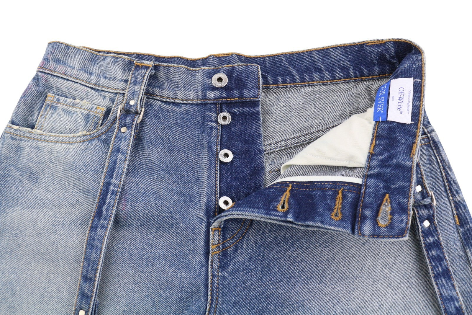 OFF-WHITE Cargo Women Shorts W26 Denim Blue Faded Distress Button Fly Pockets