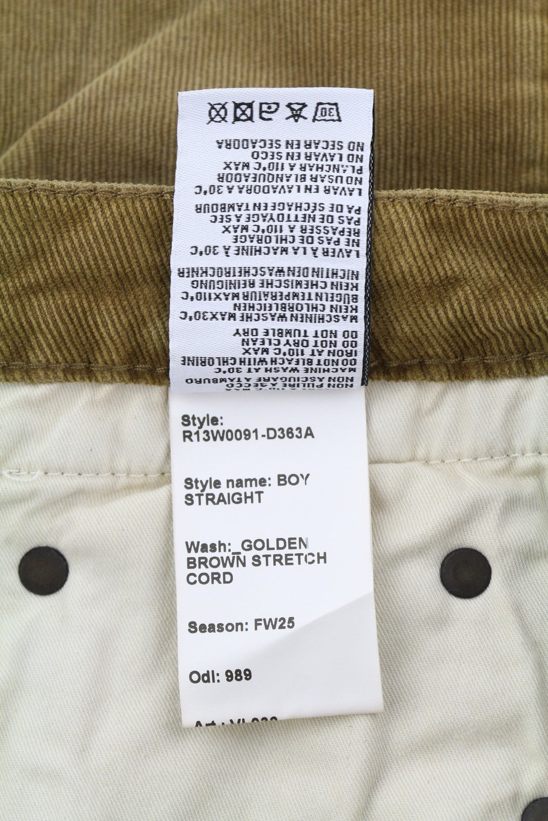 R13 Boy Straight Women Trousers 27 Golden Brown Stretch Cord Cropped Zip FW25