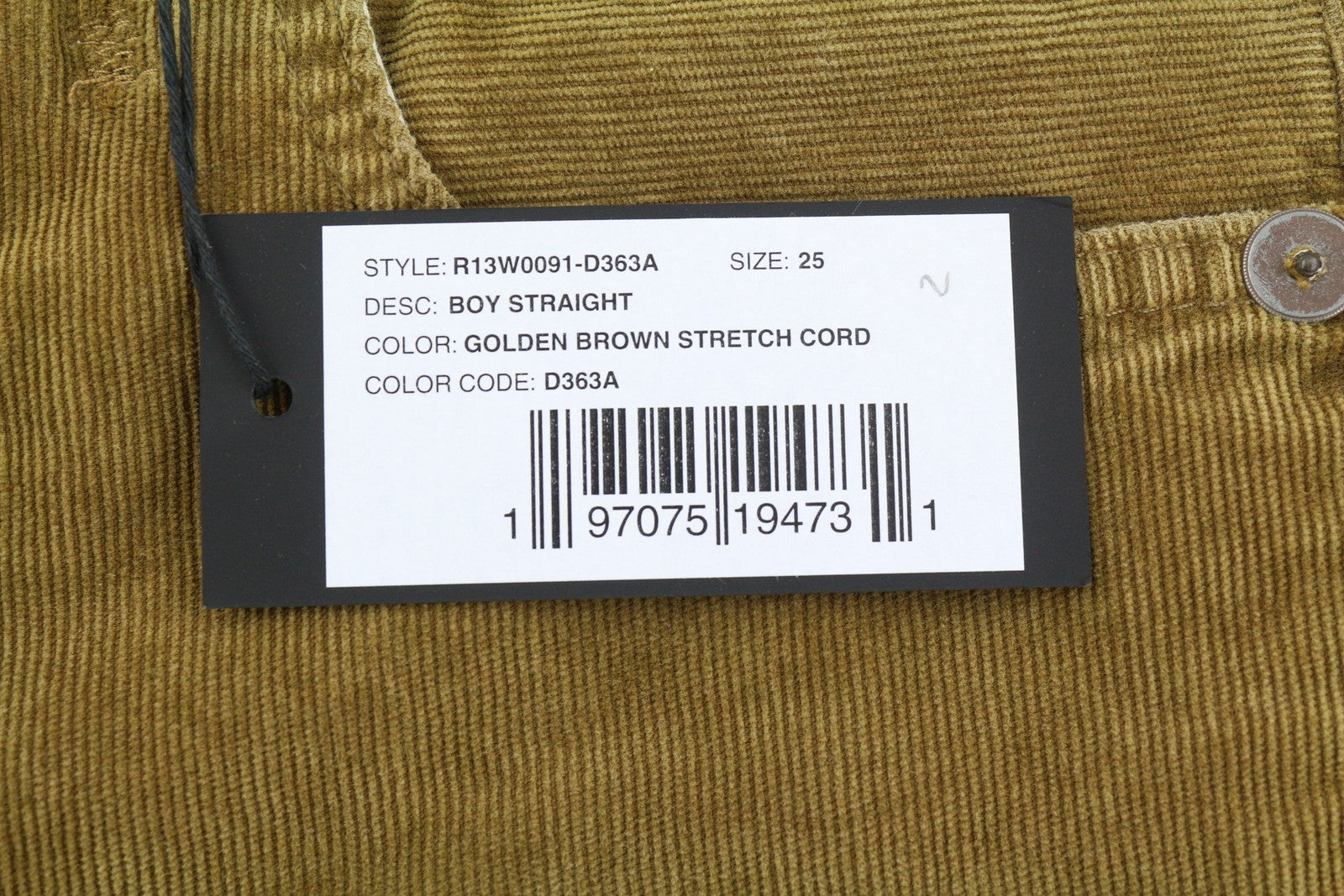 R13 Boy Straight Women Trousers 25 Golden Brown Stretch Cord Cropped Zip FW25