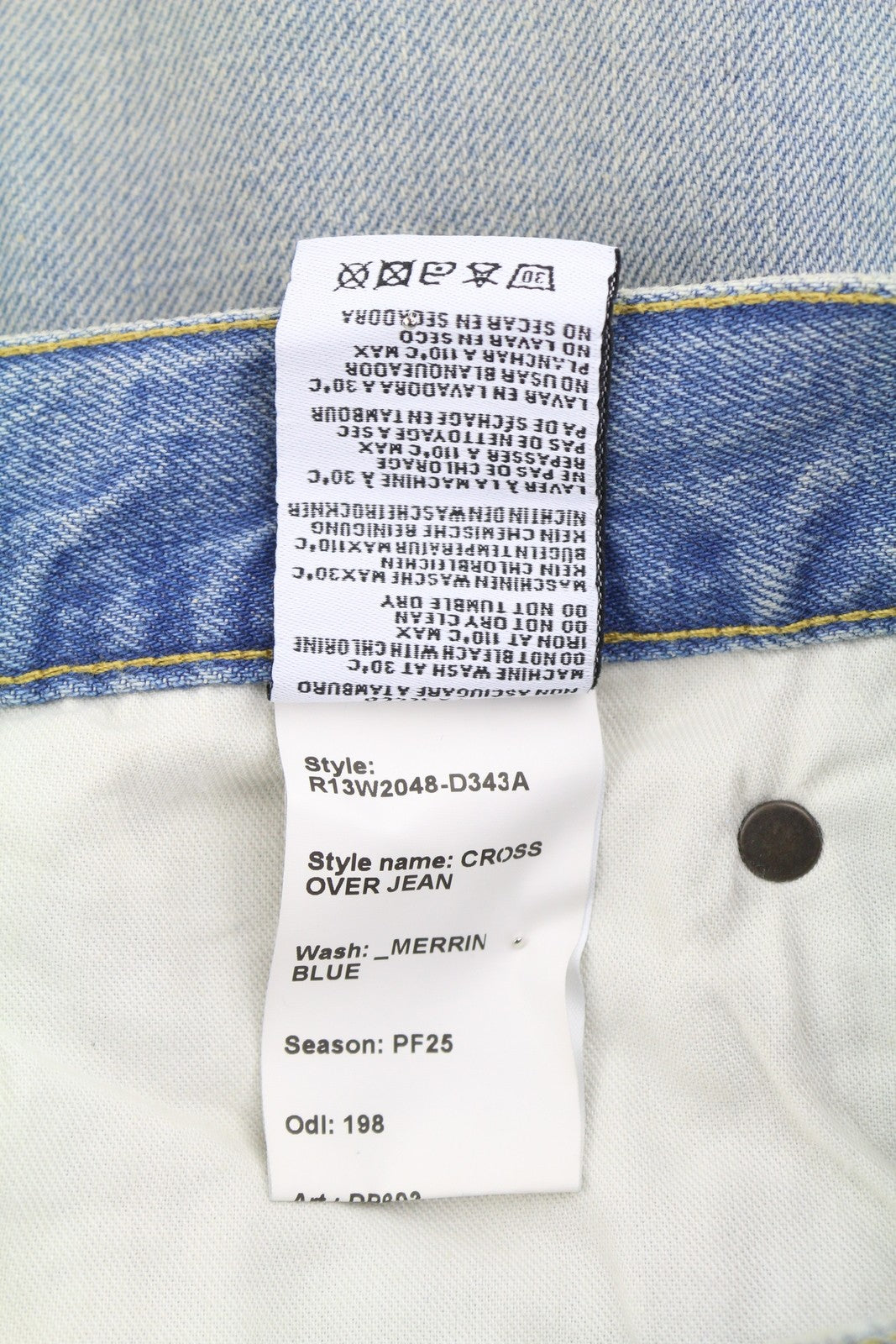 R13 Cross Over Women Jeans 23 Merrin Blue Faded Asymmetric Straight PF25 RRP795