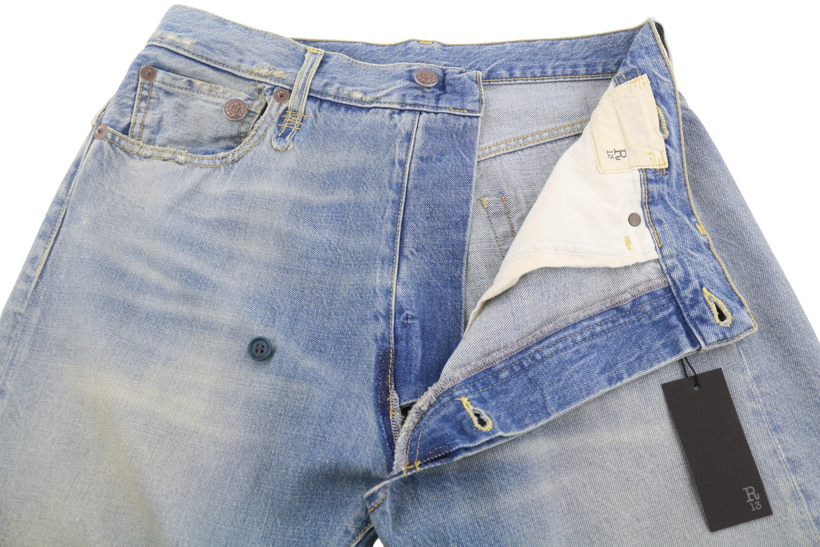 R13 Cross Over Women Jeans 23 Merrin Blue Faded Asymmetric Straight PF25 RRP795