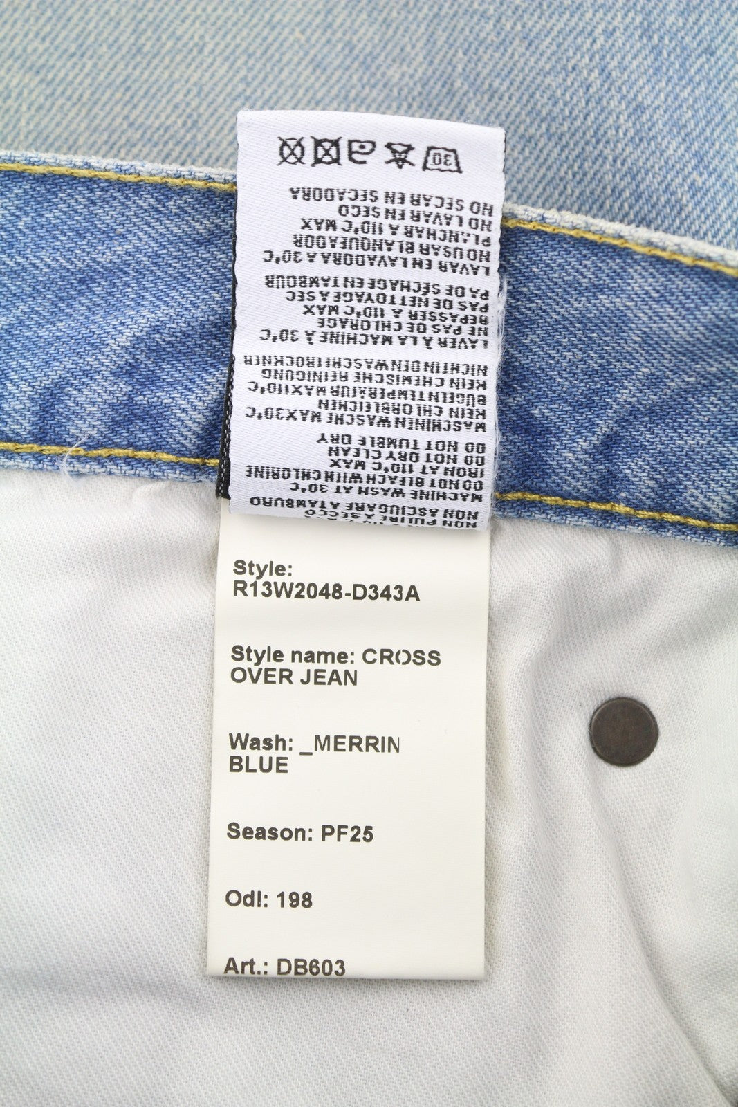 R13 Cross Over Women Jeans 25 Merrin Blue Faded Asymmetric Straight PF25 RRP795