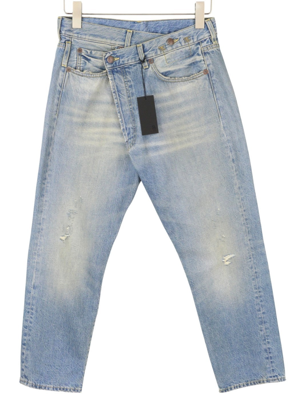 R13 Cross Over Women Jeans 25 Merrin Blue Faded Asymmetric Straight PF25 RRP795