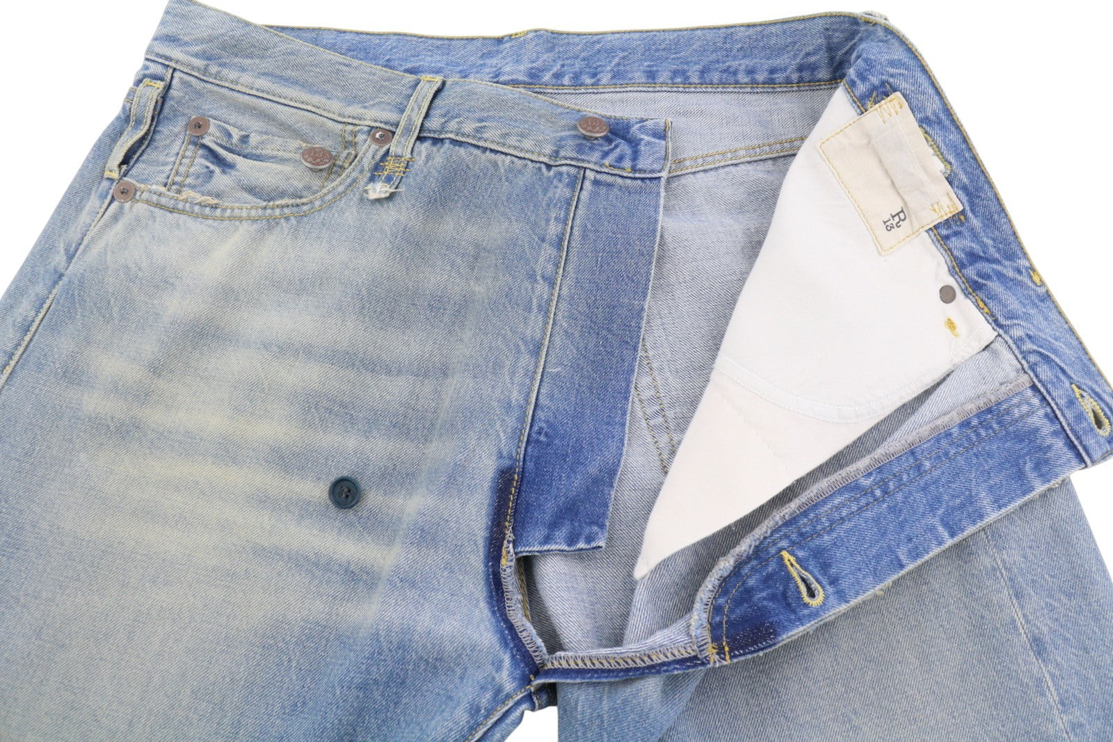 R13 Cross Over Women Jeans 25 Merrin Blue Faded Asymmetric Straight PF25 RRP795