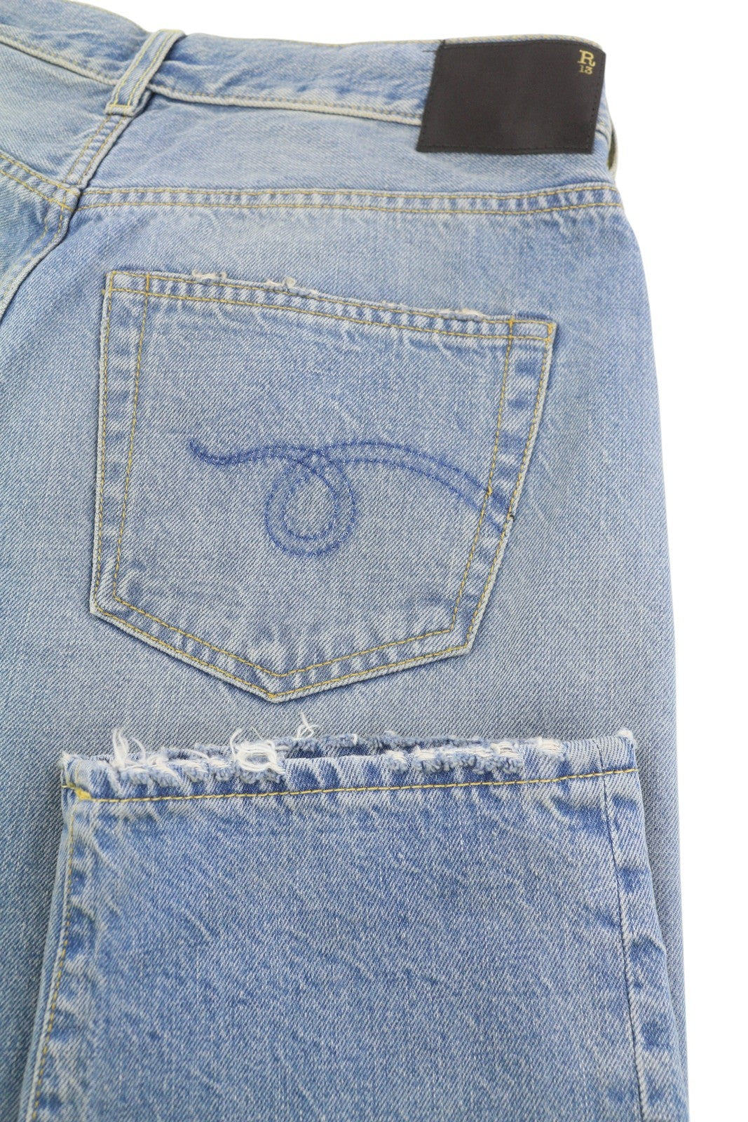 R13 Cross Over Women Jeans 25 Merrin Blue Faded Asymmetric Straight PF25 RRP795