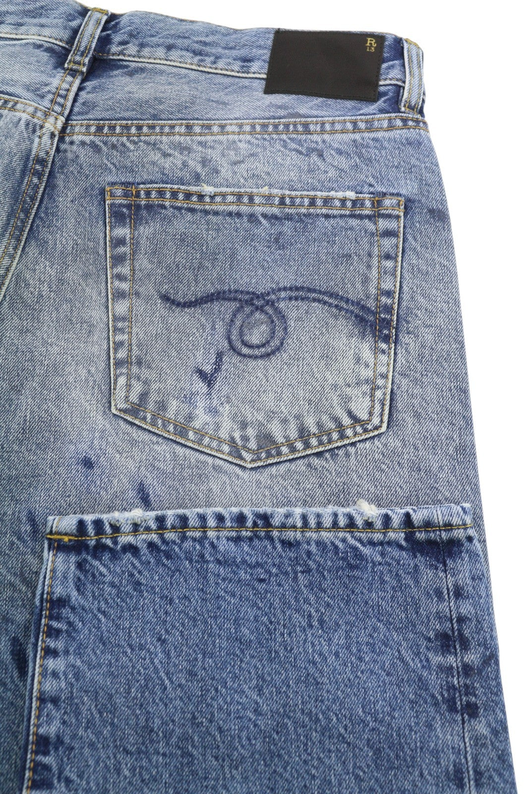 R13 Boyfriend moteriški džinsai 29 Jasper trumpinti užtrauktuku, ūsai, išblukusi mėlyna FW25 