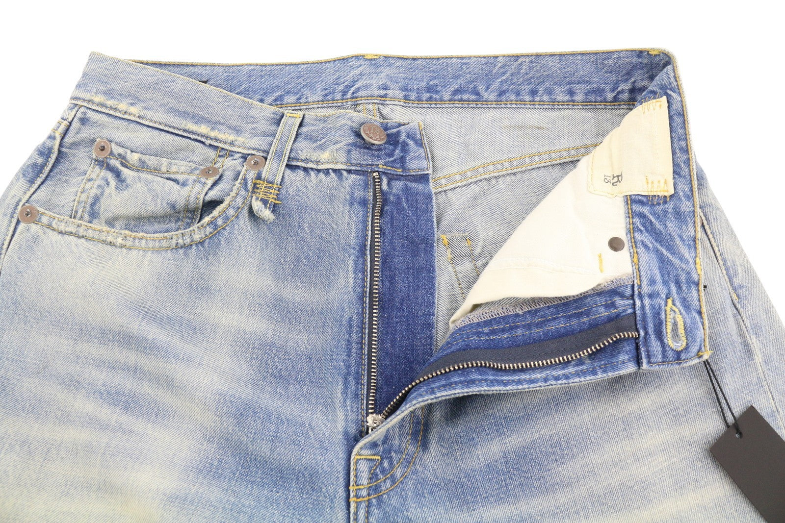 R13 X-BF Women Jeans 27 Merrin Blue Whiskers Faded Cropped Zip Fly Denim PF25