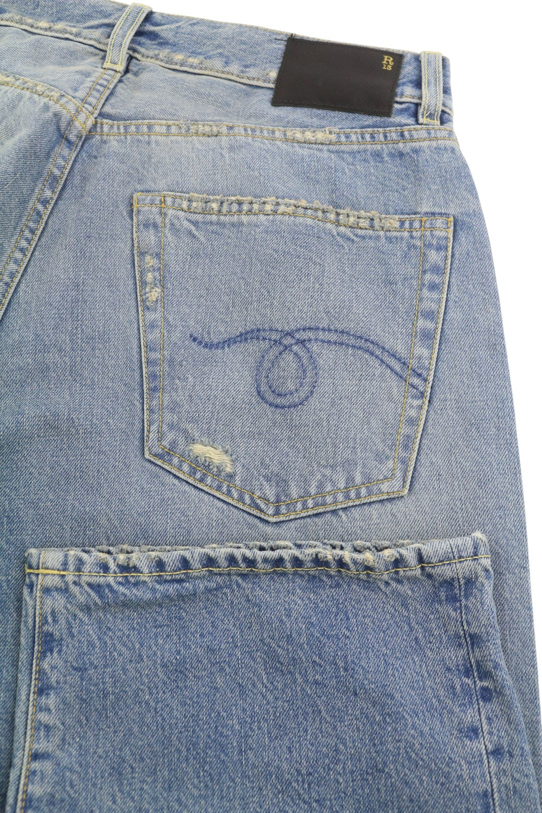 R13 X-BF Women Jeans 26 Merrin Blue Whiskers Faded Cropped Zip Fly PF25 RRP795