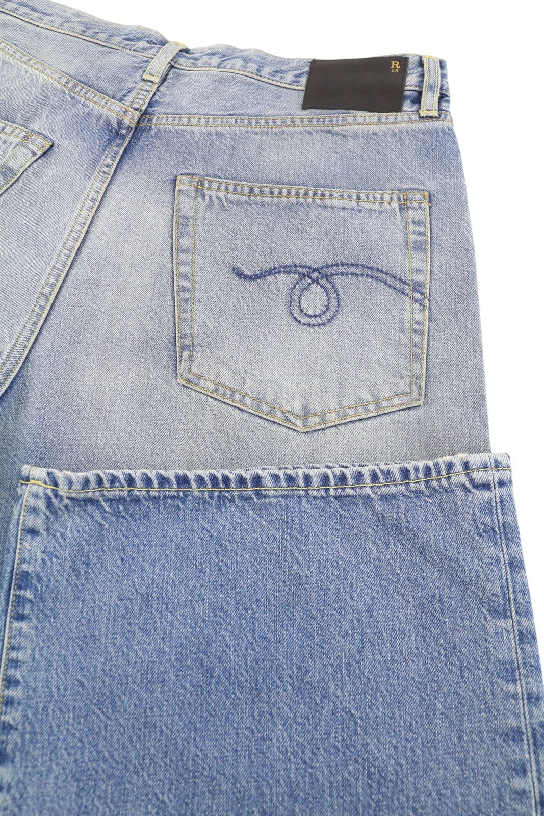 R13 D'Arcy Loose Men Jeans 33 Veiled Blue Whiskers Faded Dirty Look Zip SS25