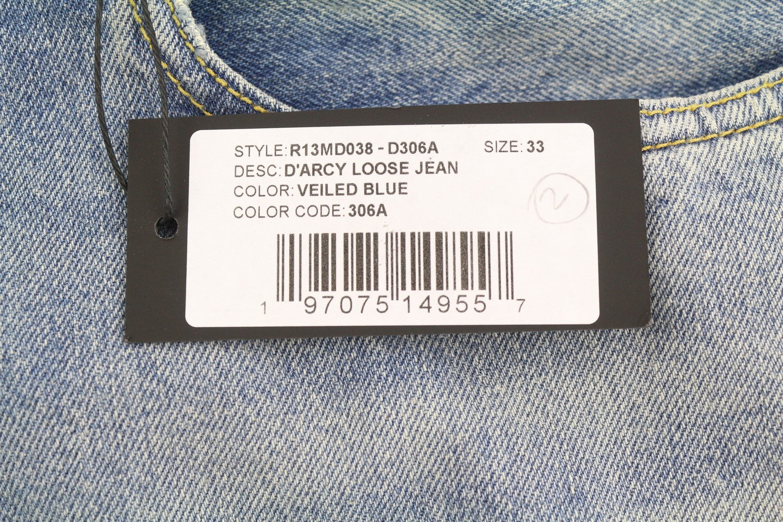 R13 D'Arcy Loose Men Jeans 33 Veiled Blue Whiskers Faded Dirty Look Zip SS25