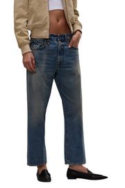 R13 X-BF Women Jeans 24 Merrin Blue Whiskers Faded Cropped Zip Fly PF25 RRP795