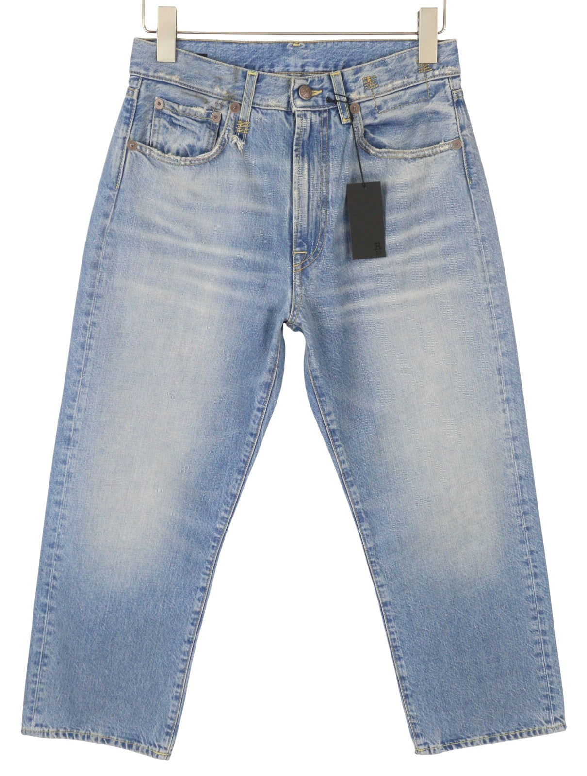 R13 X-BF Women Jeans 24 Merrin Blue Whiskers Faded Cropped Zip Fly PF25 RRP795