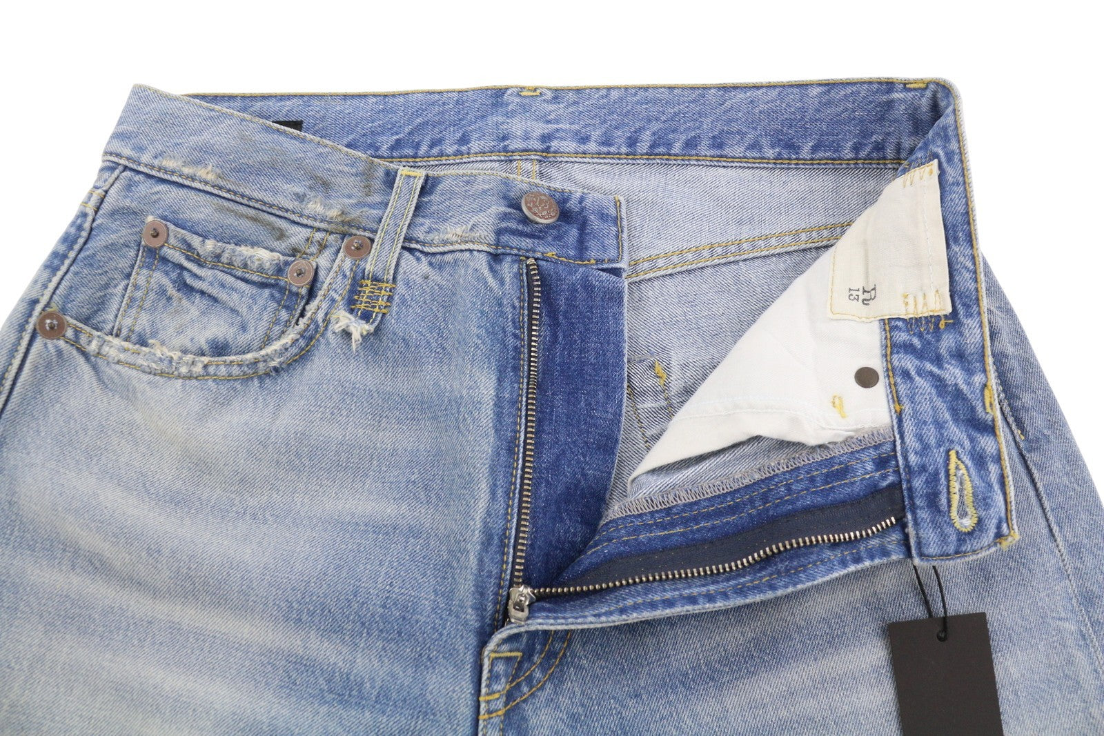 R13 X-BF Women Jeans 24 Merrin Blue Whiskers Faded Cropped Zip Fly PF25 RRP795