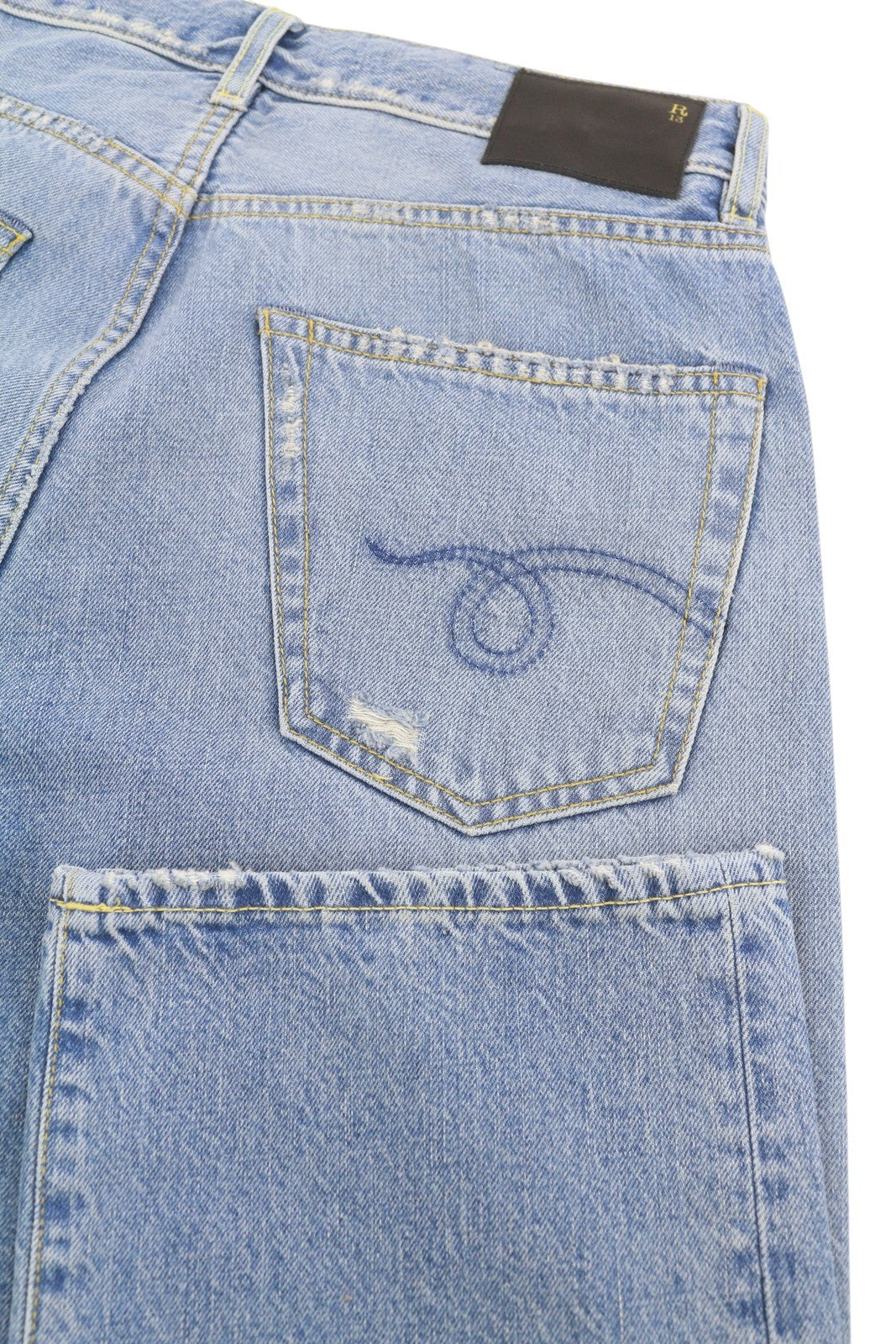 R13 X-BF Women Jeans 24 Merrin Blue Whiskers Faded Cropped Zip Fly PF25 RRP795