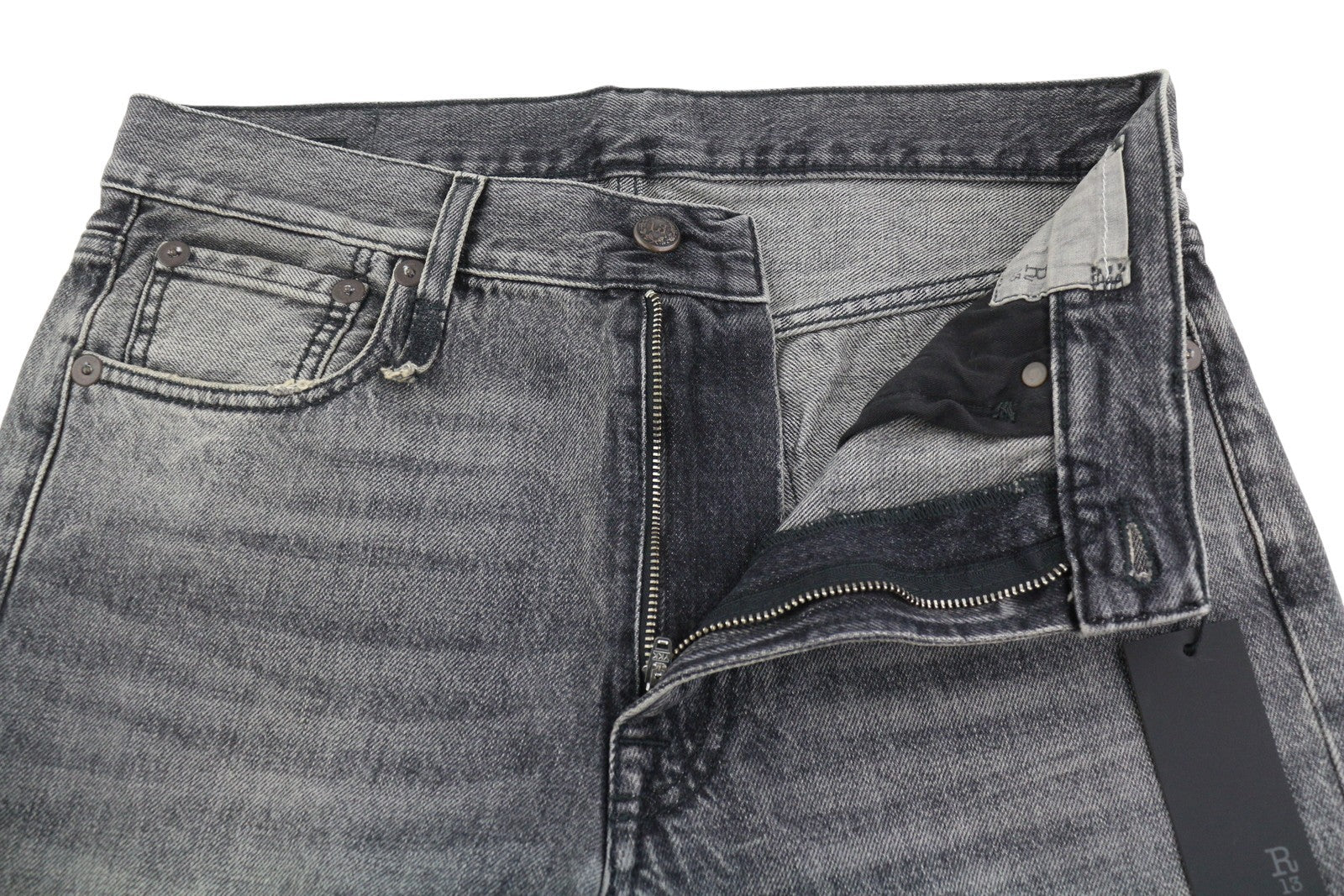 R13 Boyfriend Women Jeans 26 Leyton Black Faded Whiskers Cropped Zip Fly FW25