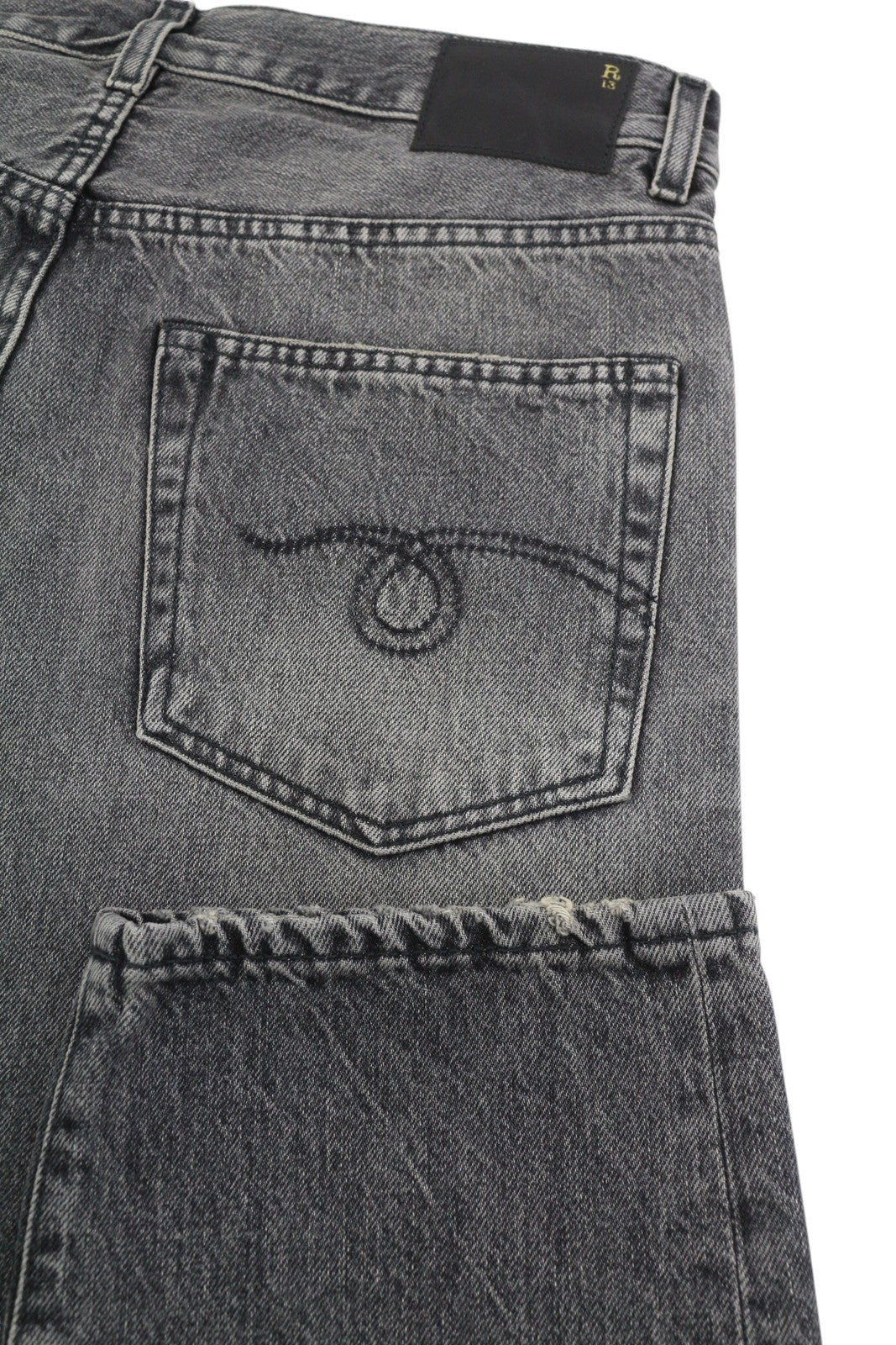 R13 Boyfriend Women Jeans 26 Leyton Black Faded Whiskers Cropped Zip Fly FW25